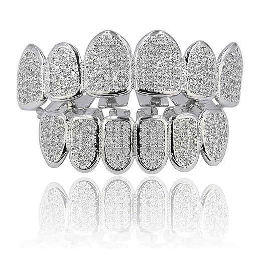 JINAO Grillz Grills for Your Teeth Simulated Diamond Teeth Grillz with Extra Molding Bars Included 18K Gold Plated All Iced Out Cubic Zirconia Golden Teeth for Men Women