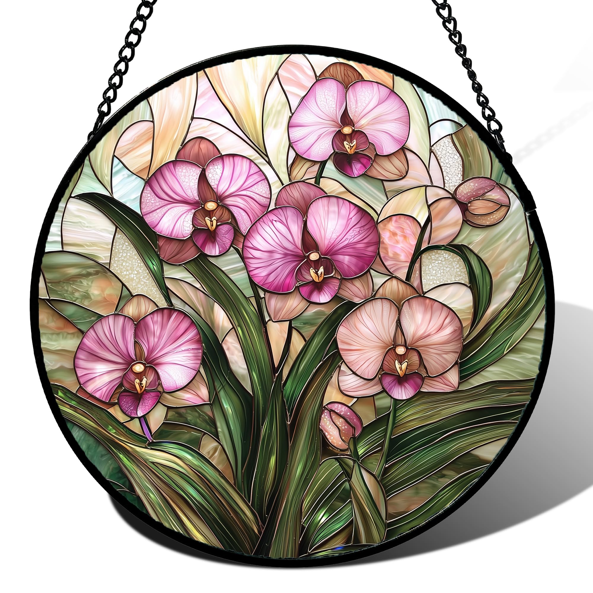 Stained Glass Window Hanging - Pink Phalaenopsis Orchid Green Leaves Sun Catcher for Door Home Decor Flower Suncatcher