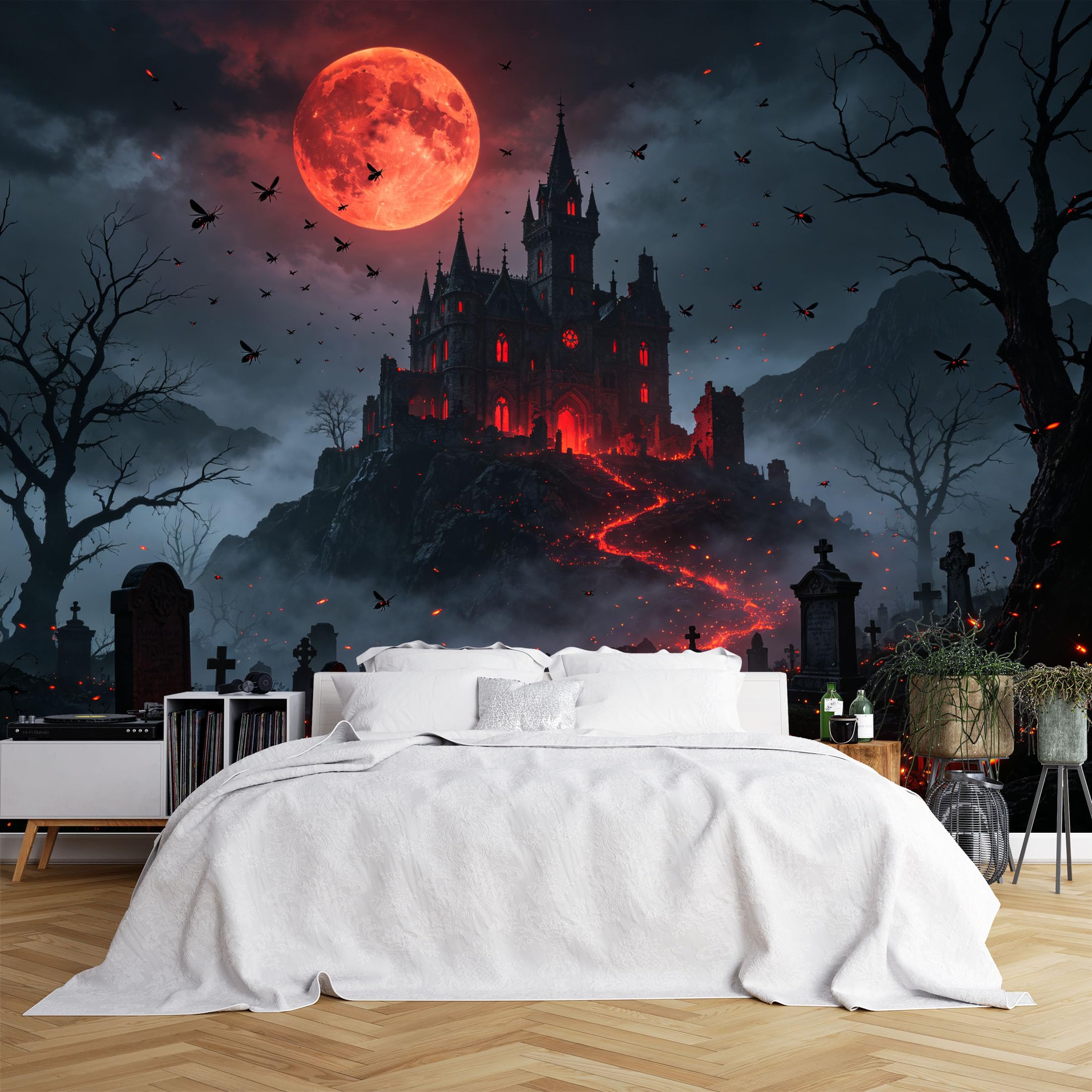 Lcythiazole Ch260615093 Custom Size Wall Murals Red Moon Gothic Castle Cemetery Scene Wall Murals Hd Dark Art Wallpaper Wall Stickers Self-Adhesive Removable Wallpaper For Game Room Bar