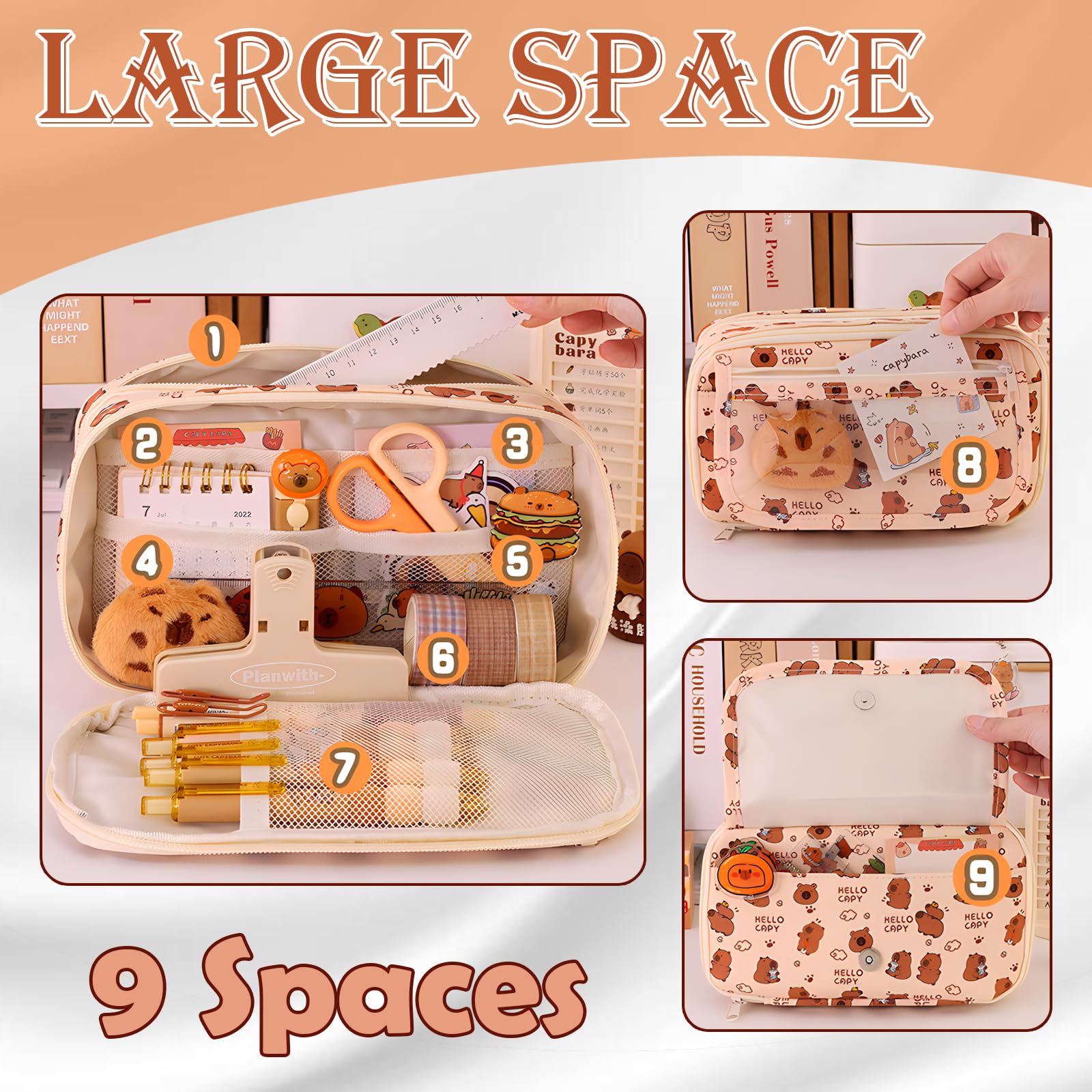 JYJLLM Personalised Pencil Case - Cute Khaki Cartoon Pencil Case with 3 Compartments, Unisex, Zipper Closure, Top Handle, 22x8.5x12.5cm - Image 3