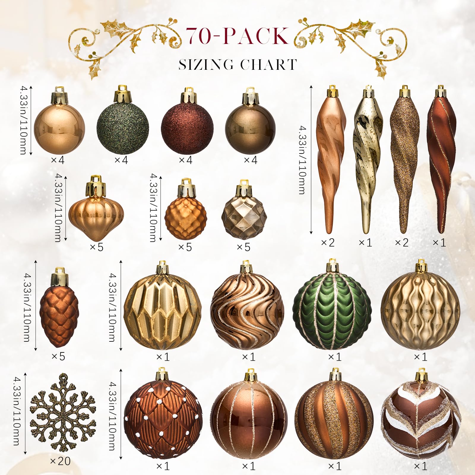 JORNOY Juego de adornos de bolas de Navidad en tono tierra – 70 unidades surtidas de varios tamaños para colgar árbol decoraciones a granel con ganchos para decoración de temporada festiva y Año Nuevo