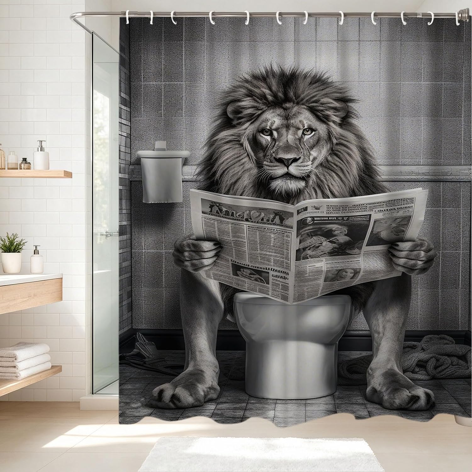 Funny Lion Shower Curtain, Fancy Humor Leo Animal on Toilet Shower Curtains Set, Black and White Funky Shower Curtains, Large Cat Man Grey Bathroom Curtain 72x72 inch
