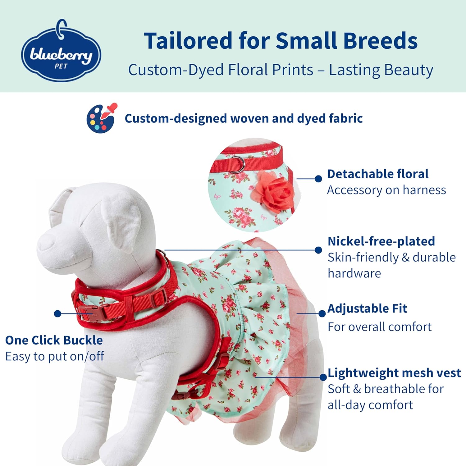 Blueberry Pet Soft & Comfy Spring Scent Inspired Floral No Pull Mesh Puppy Dog Costume Harness Dress, Turquoise, Chest Girth 14"-16", X-Small, Adjustable Harnesses for Dogs