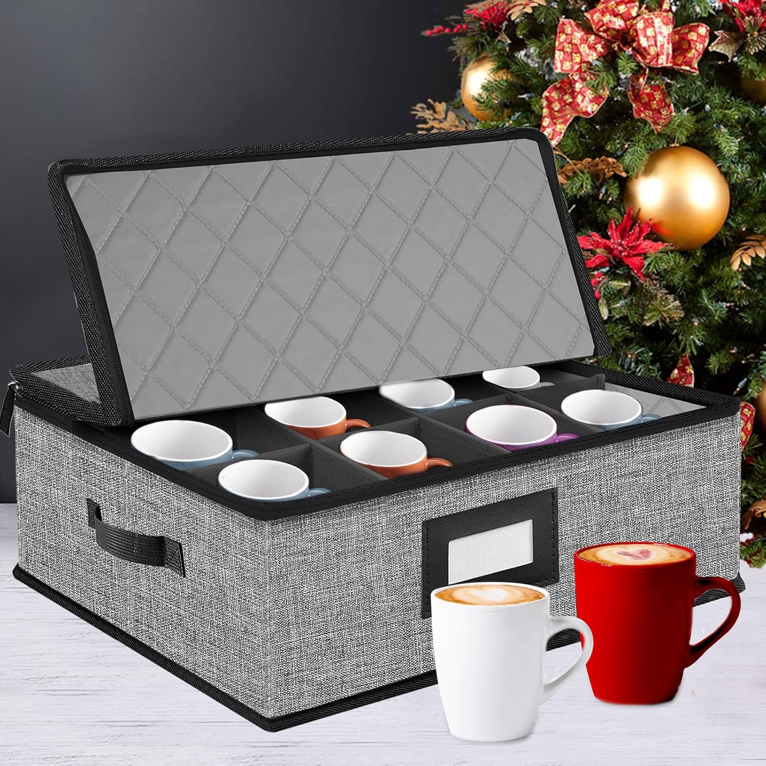 2PACK Quilted Mug Cup Storage Box-China Storage Containers Hard Shell,Cup Storage Containers with Lid for Moving Transport,Kichen Dinnerware Storage