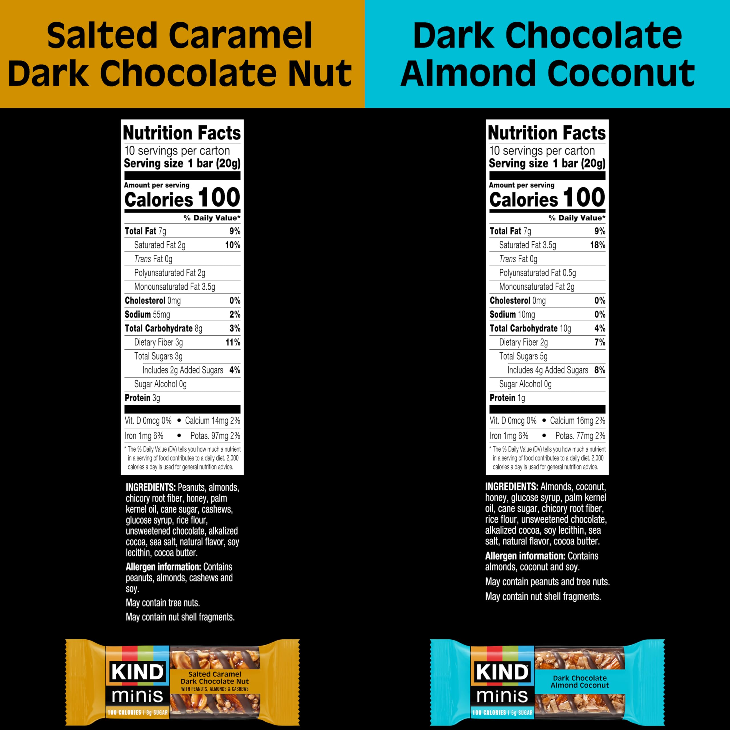 KIND Bar Minis, Salted Caramel Dark Chocolate Nut & Dark Chocolate Mandorle Coconut, confezione variety Pack, senza glutine, 100 calorie, a basso contenuto di zucchero, 80 pezzi
