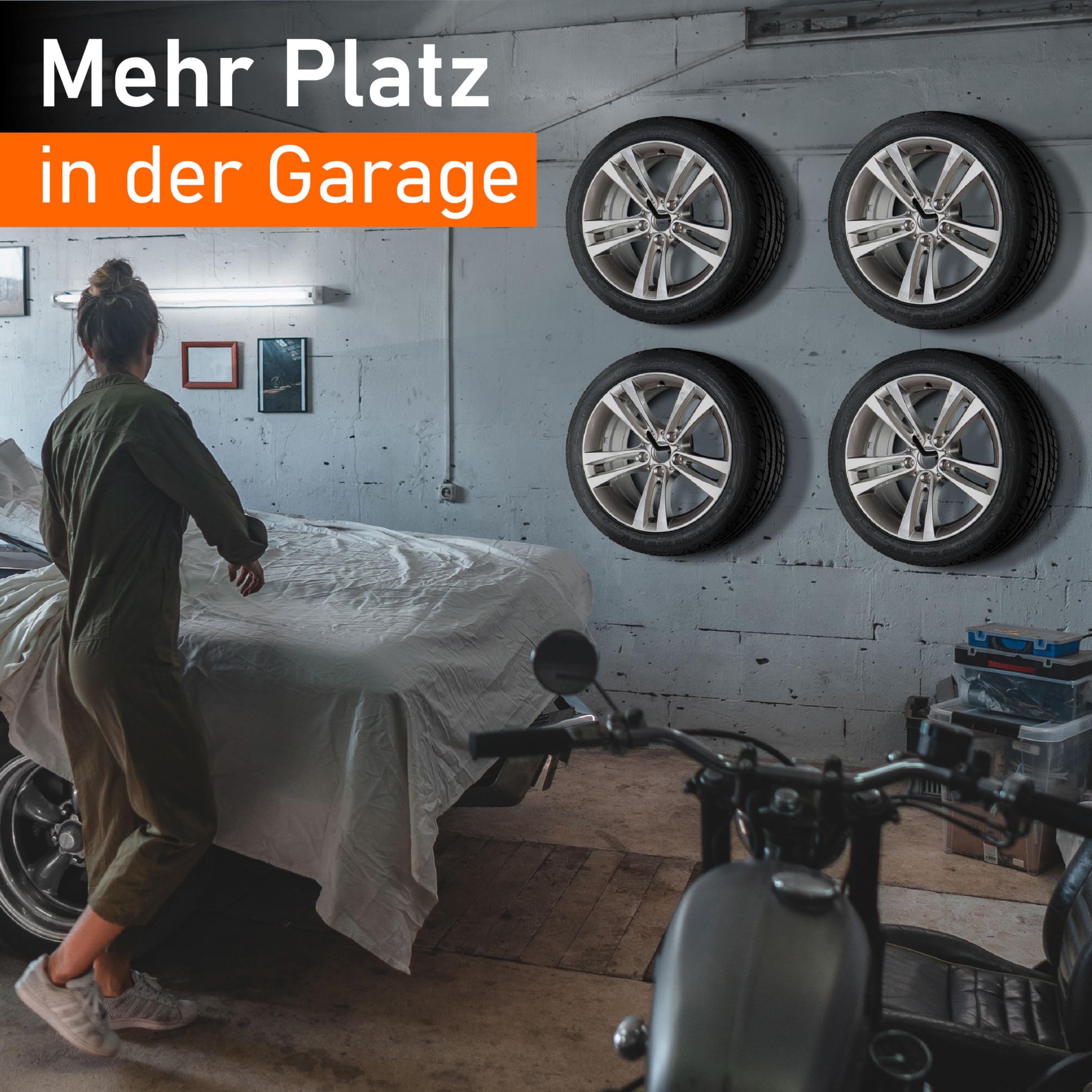 Upgrade4cars Reifen Wandhalterung Garage für 4 Felgen | Autoreifen Wandhaken bis zu 22 Zoll | Reifenhalter Haken Set | Edelstahl Reifenwandhalter Aufhängung Gummiert