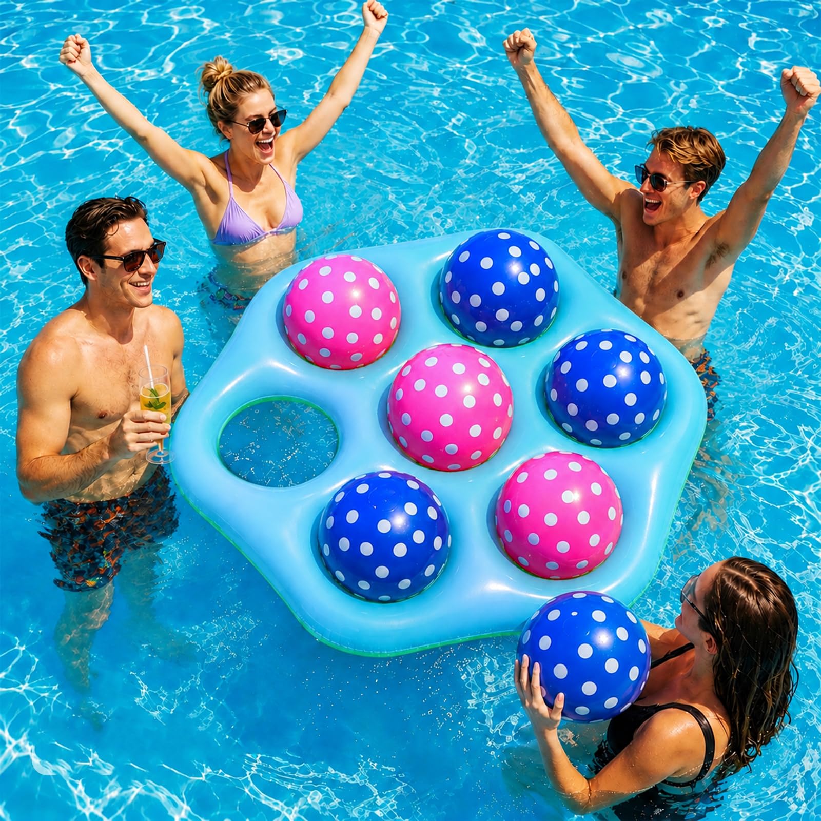 CYFIE Inflatable Hexagonal Pool Toy 7 Holes with 4 Blue and 3 Pink Balls Team Pool Toss Game for Family Friends Interaction Summer Holiday