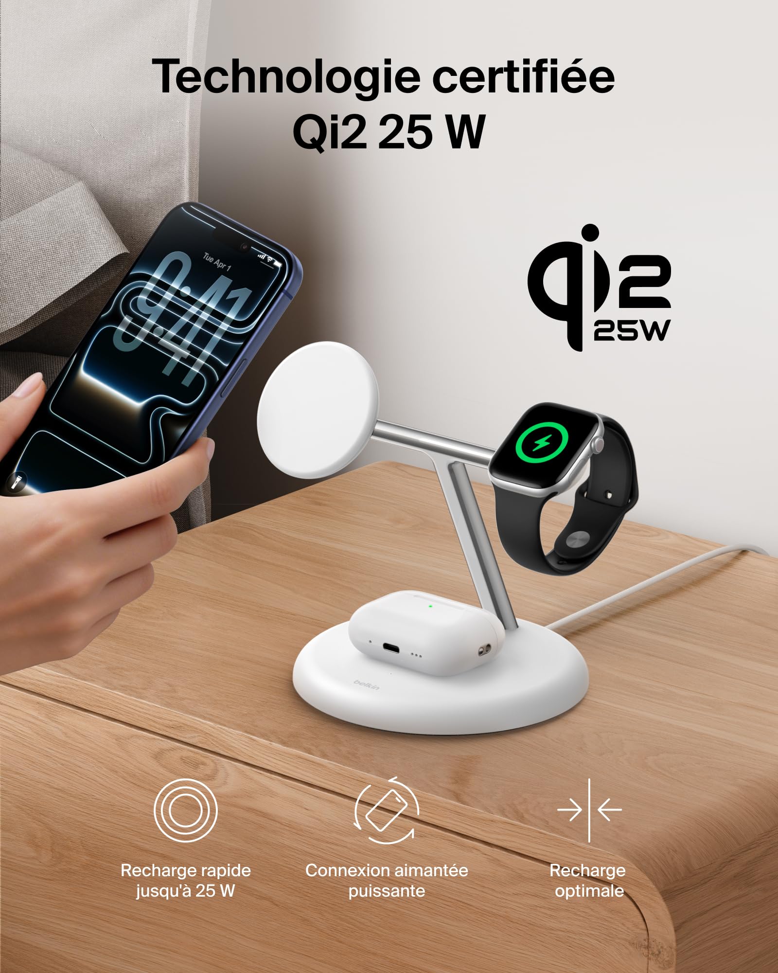 Belkin UltraCharge Station 3-en-1 avec Qi2, 25 W - Blanc | Qi2.2, Chargeur Magnétique Sans Fil MagSafe Pour iPhone, Apple Watch, Écouteurs, Câble USB-C, Adaptateur Secteur 45 W