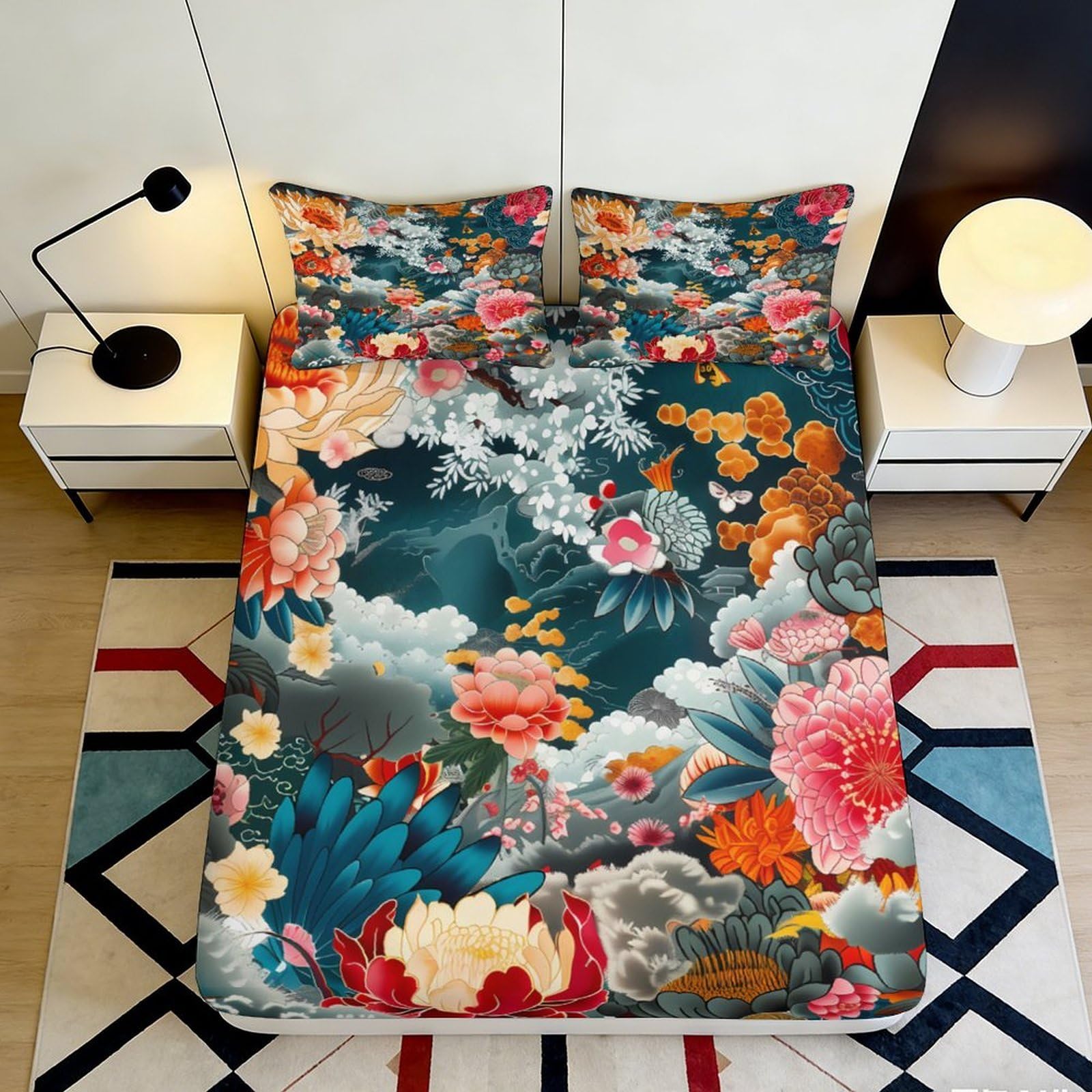 Jxqhbvmg Style-2 3D Printed Floral Pattern Fitted Sheet Microfiber Deep Pocket Non-Slip Bedding Floral Mattress Fitted Cover For Bedroom 90X200x25cm