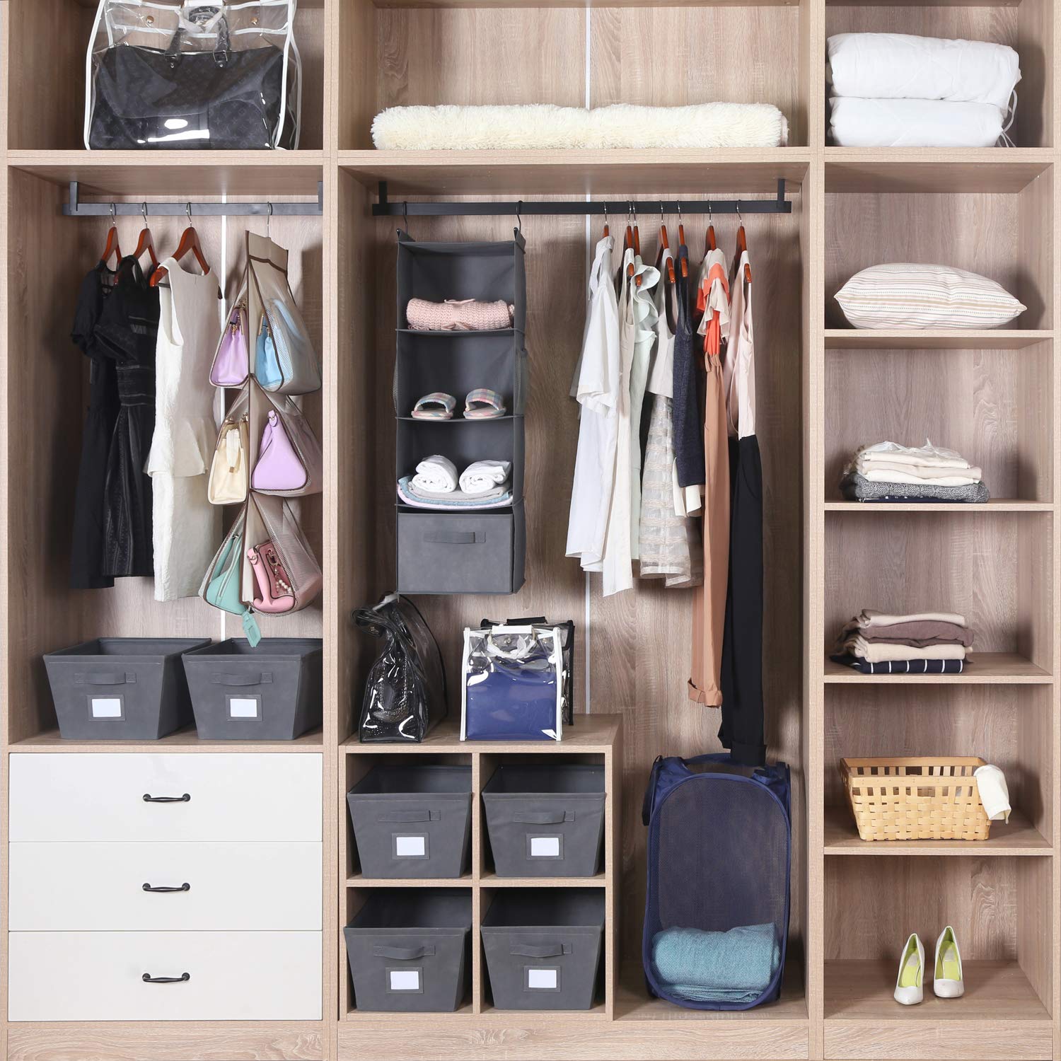 MAX Houser Organizador de armario colgante de 4 estantes, ahorro de espacio, estantes colgantes de tela con 2 bolsillos laterales, plegable (gris)