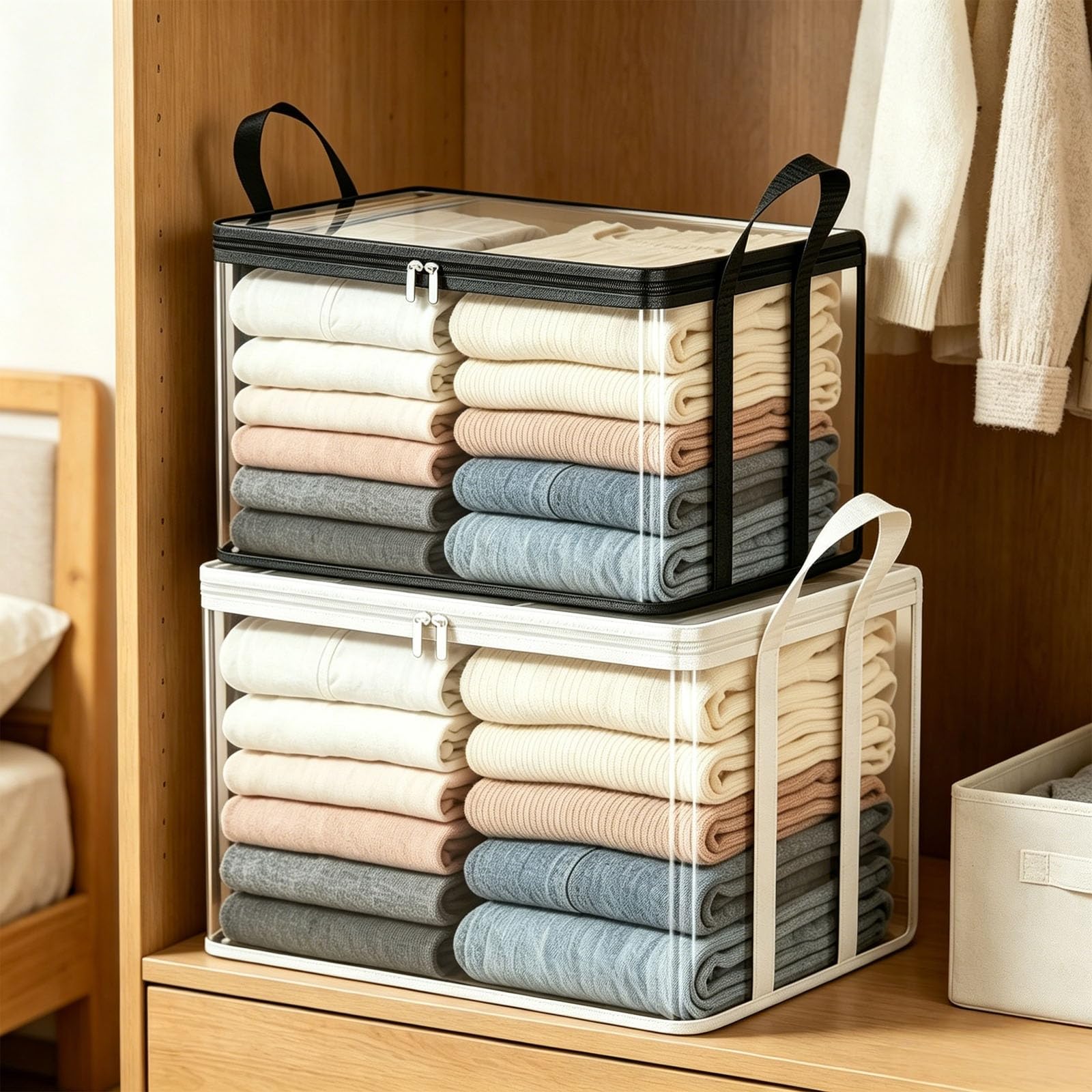 OLYGEE Large Heavy-Duty Thick Plastic Clear Storage Bag with Lids, Handles & Zipper - Stackable Foldable for Clothes, Moving, College Dorm, Home (Black+Write)