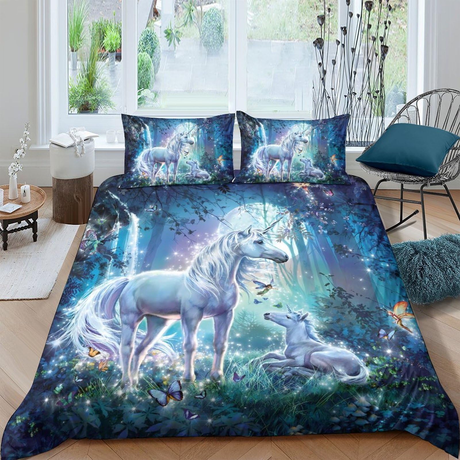 Ctjqhvkz Style-3 3D Printed Fantasy Unicorn Fitted Sheet Microfiber Soft Blue Forest Mattress Cover For Bedroom Guest Room Decoration Single（135X200cm）