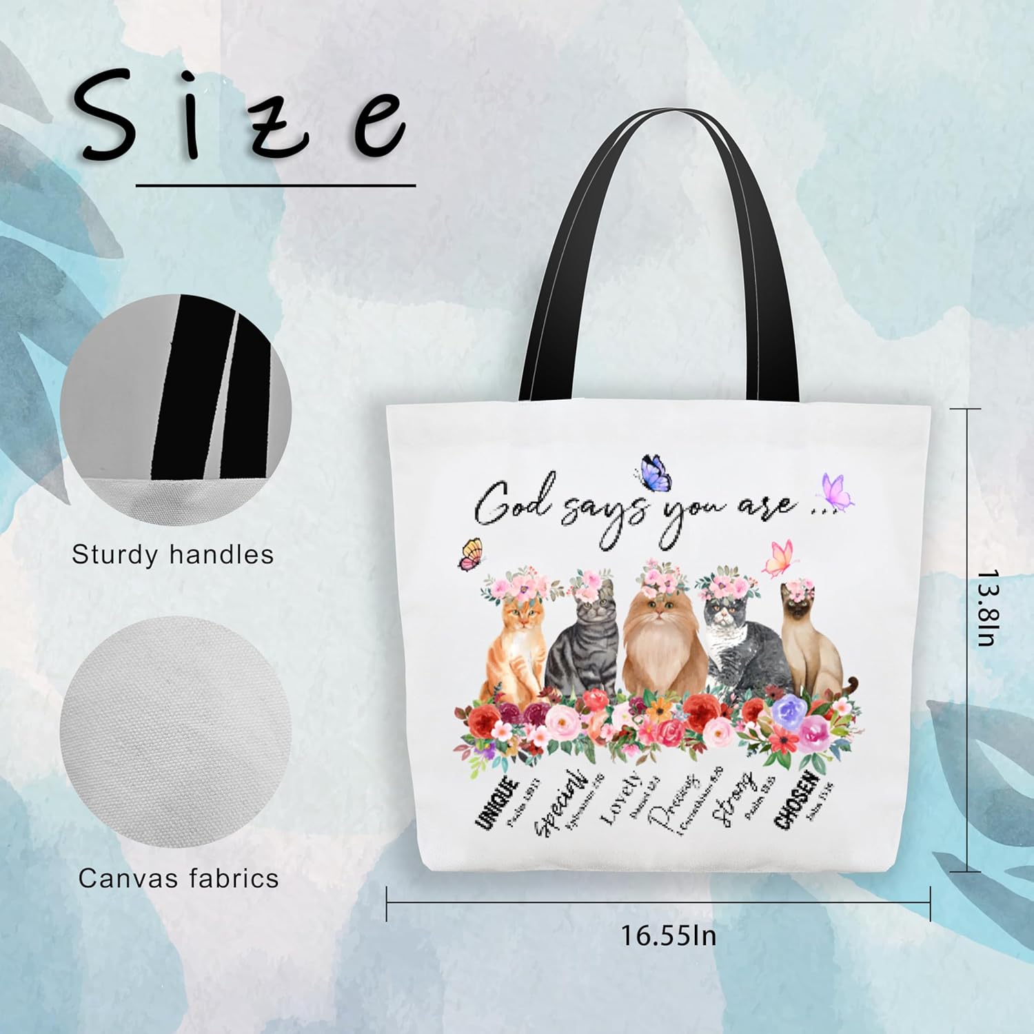 Christian Canvas Tote Bags for Women, God Says You Are Unique Themed Bible Verse Shoulder Bags, Inspirational Gift for Women Friends Colleagues, Floral And Cat Reusable Shopping Bags -16 - Image 3