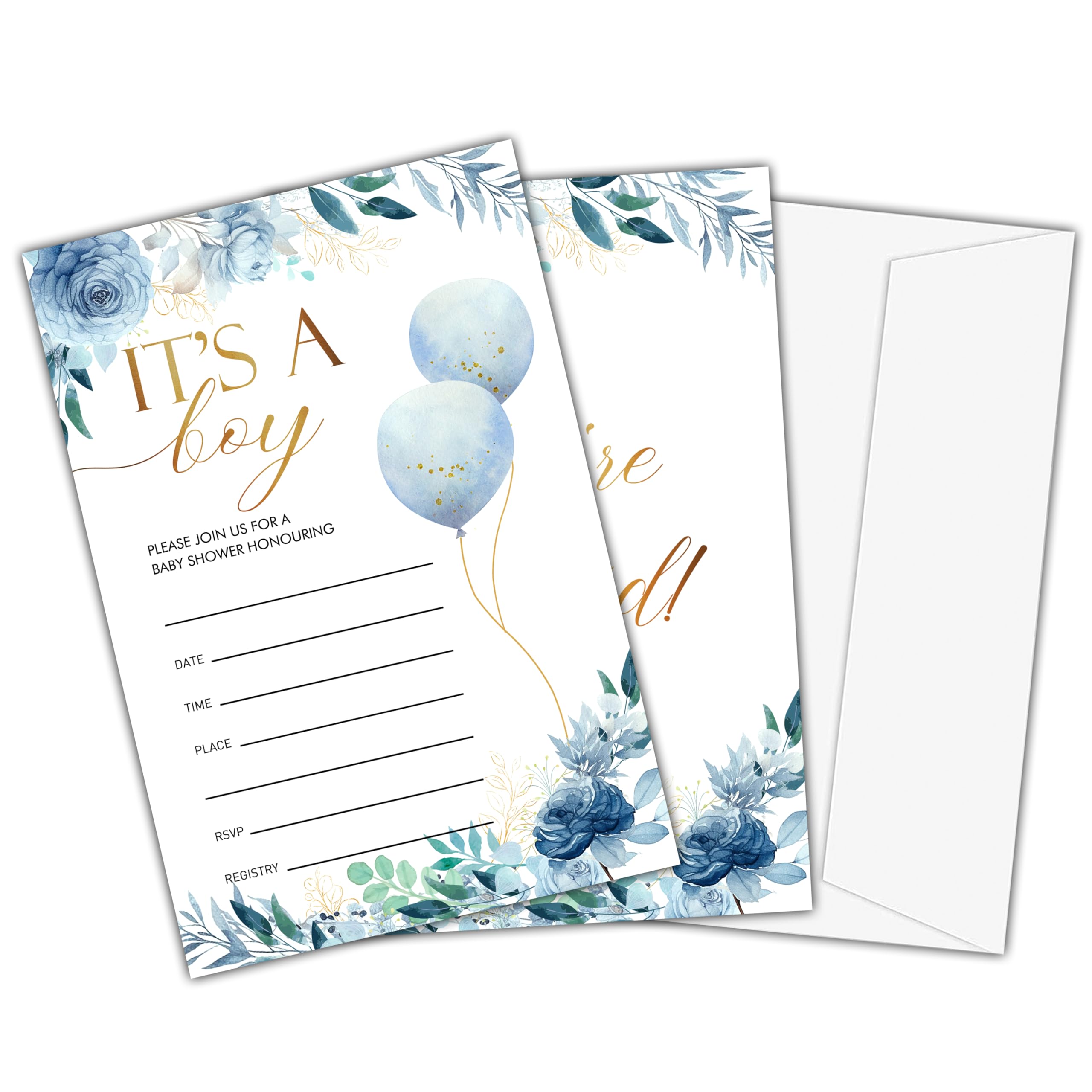 Huastatewolf Baby Shower Invitations For Boy, Blue Floral It's A Boy Baby Shower Invitation With Envelopes, Blue Floral Balloon Baby Boy Shower