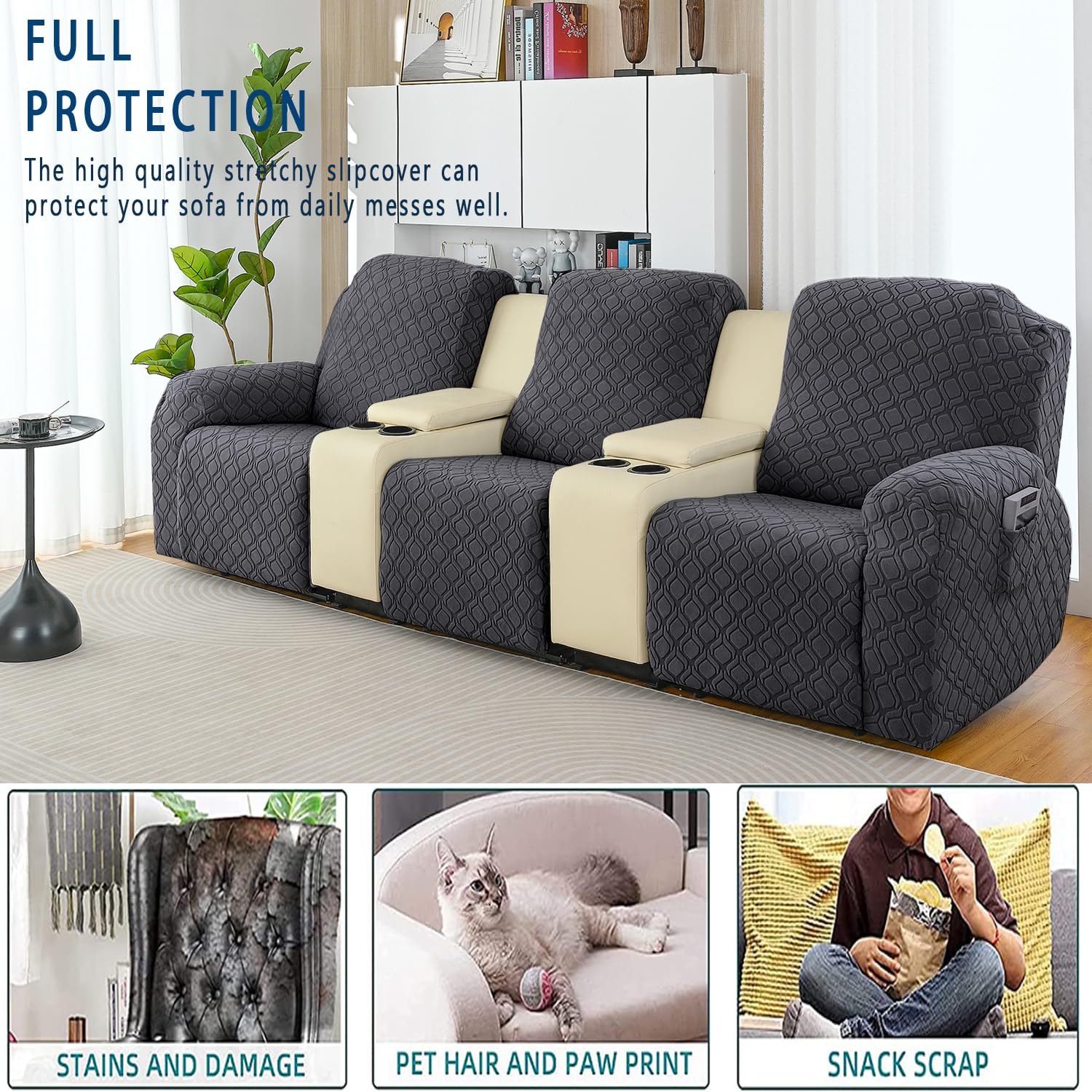 OKYUK Fodera per Poltrona Relax 3 Posti, Alta Elasticità e Antimacchia, Protezione da Animali e Bambini, Copertura Antiscivolo con Tasche, Estraibile e Lavabile (grigio scuro, 3 posti)