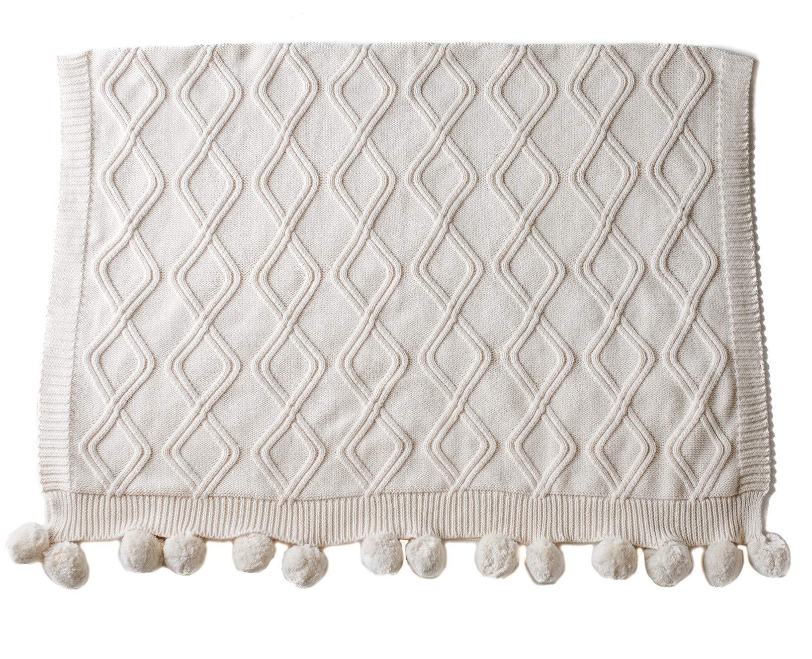 Linen Perch Luxury Cable Knit Pom Pom Baby Nursery Blanket - Premium Boy or Girl in Deluxe Box - Unisex Cotton Knit Toddler Blanket – Baby Décor Blanket - 45 x 35 inches (Cream)
