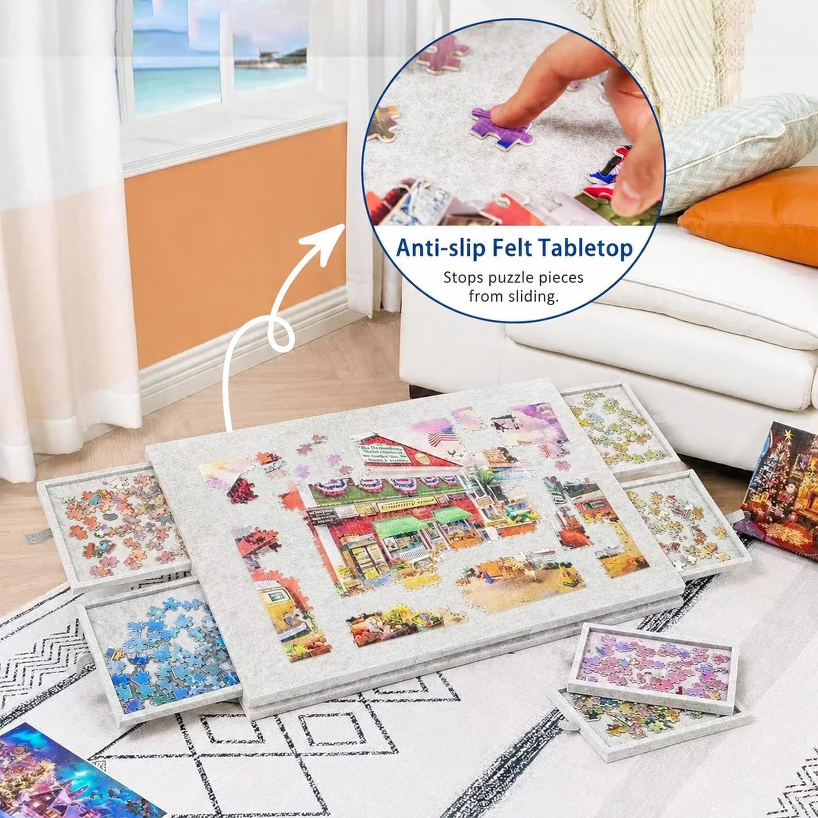 Tragbares Puzzlebrett mit 6 Farbigen Sortierfächern, 2-in-1 Puzzle Tisch & Abdeckung, Puzzle Board Puzzleunterlage für bis zu 1000 Teile – Puzzleboard klappbar & rutschfest (Silbergrau)