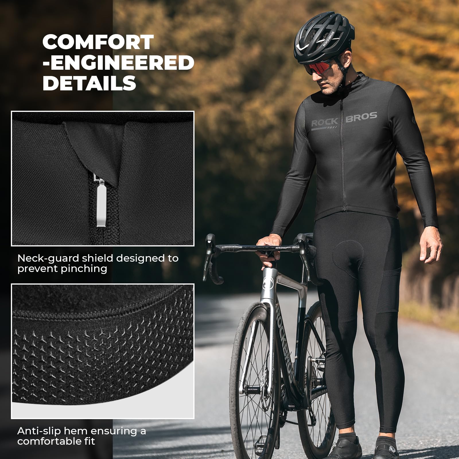 ROCKBROS Maglia Termica da Ciclismo a Maniche Lunghe da Uomo Inverno | Traspirante ed Elastica con Tasche, Maglietta Termica, Abbigliamento per Bici MTB Corsa, Nero, S
