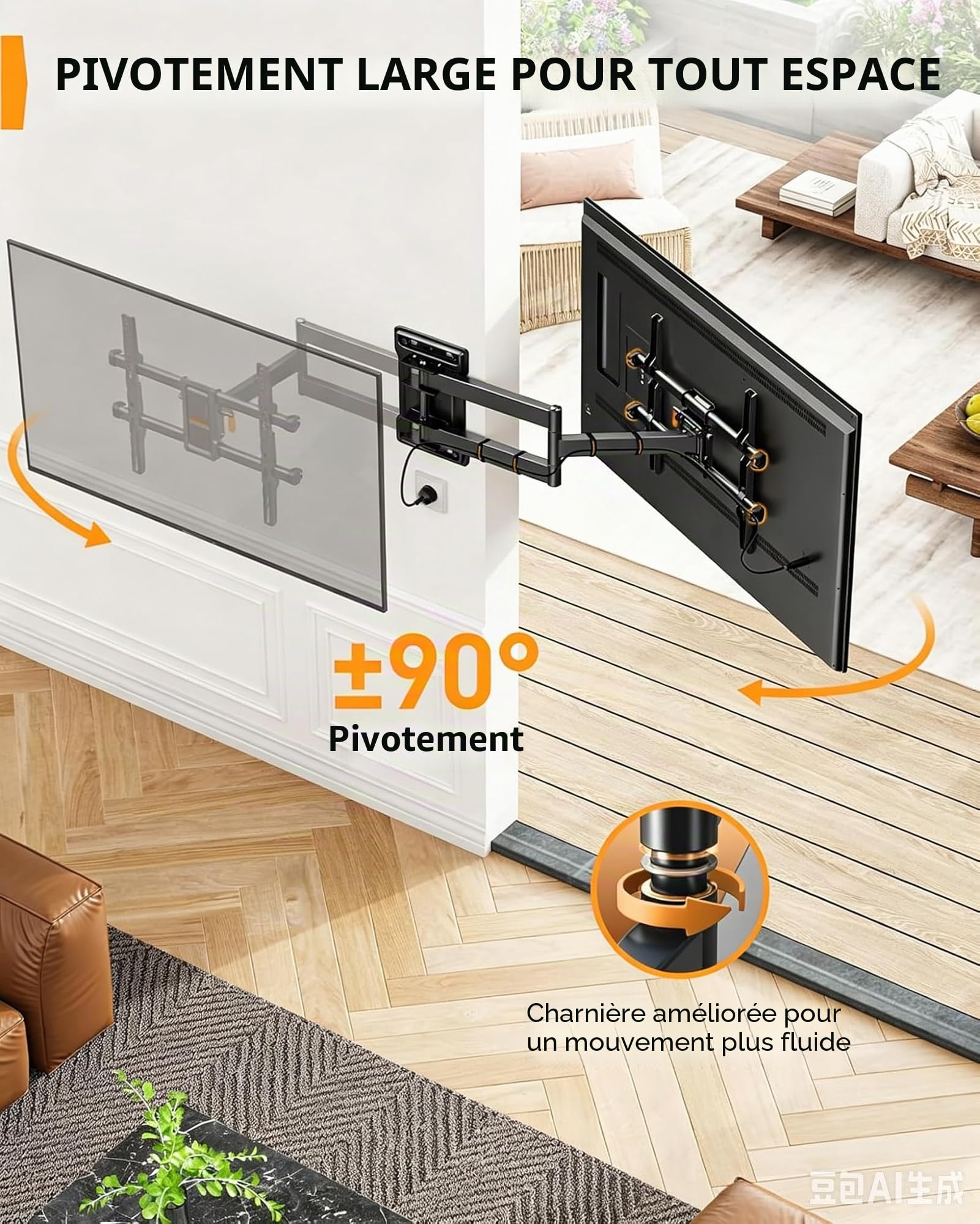 Perlegear Support Mural TV à Bras Long, Support TV à Mouvement Complet pour Téléviseurs de 32-65″, Capacité de Charge de 60 kg, Support TV d'angle avec Pivotement de ±90°, VESA Max 400x400mm, PGMF24B