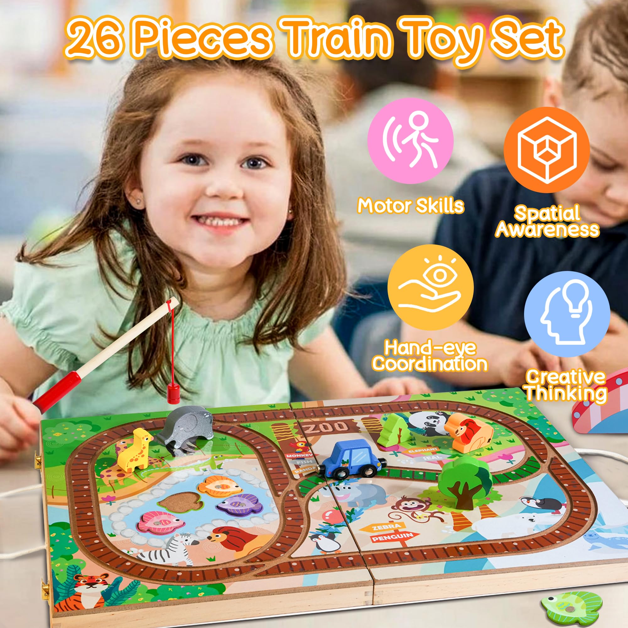 Juego de tren de madera para llevar, fiestas temáticas de zoológico, juego de pesca magnético, juego de apilamiento de animales, juguete de tren portátil para viajar, regalo para niños de 2 6