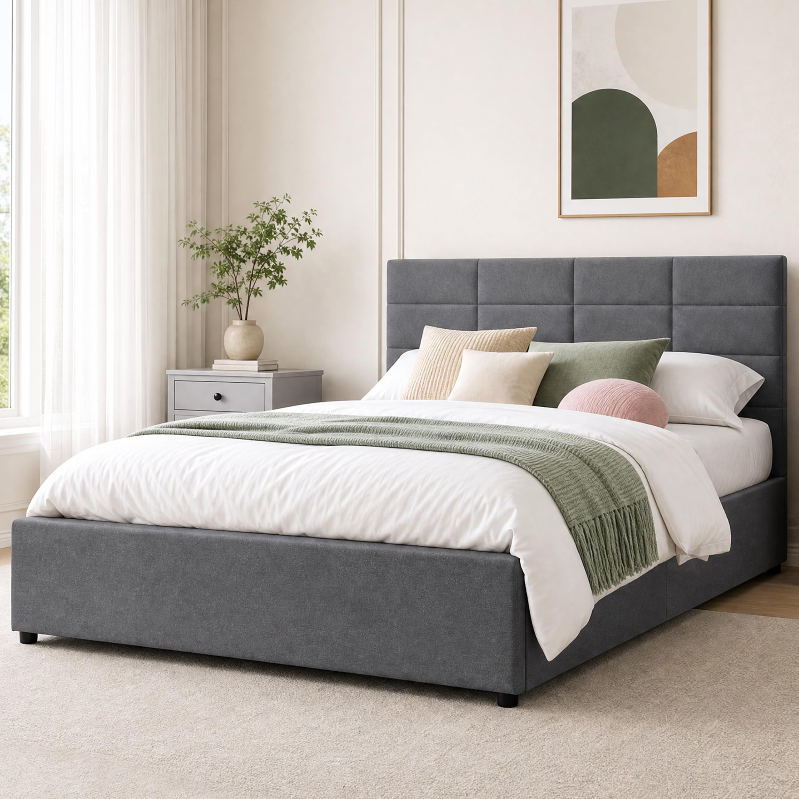 Comfy Living 4ft6 Double Fabric Ottoman Bed Frame with Lift-Up Storage, Upholstered Storage Bed with Slats and Headboard (Grey, No Mattress)