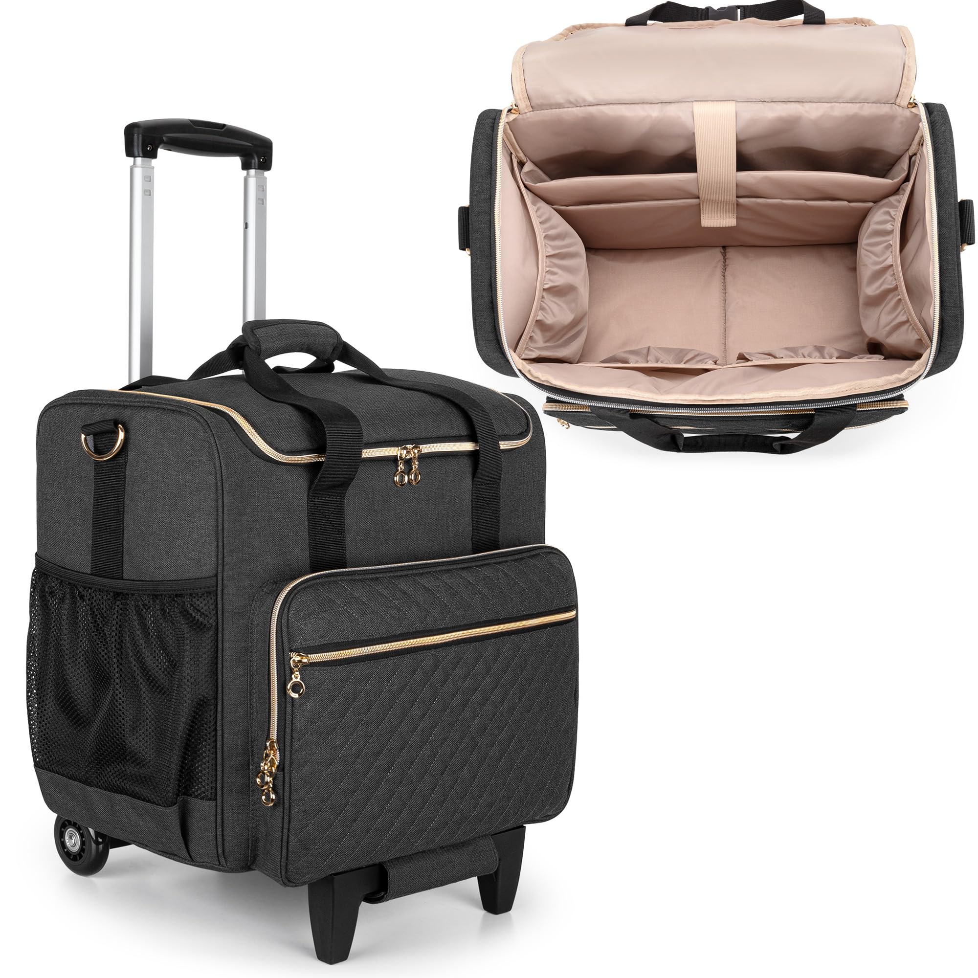 LUXJA Rolling Teacher Bag with Laptop Compartment and Detachable Dolly, Multifunctional Rolling Teacher Tote Bag (Patent Pending), Black