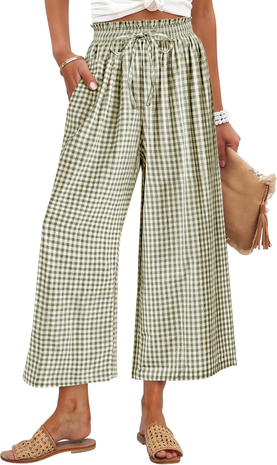 ANRABESS Womens Striped Gingham Palazzo Capri Pants Pajama Wide Leg Lounge Trousers Plaid Cute Crop PJ Bottoms with Pockets