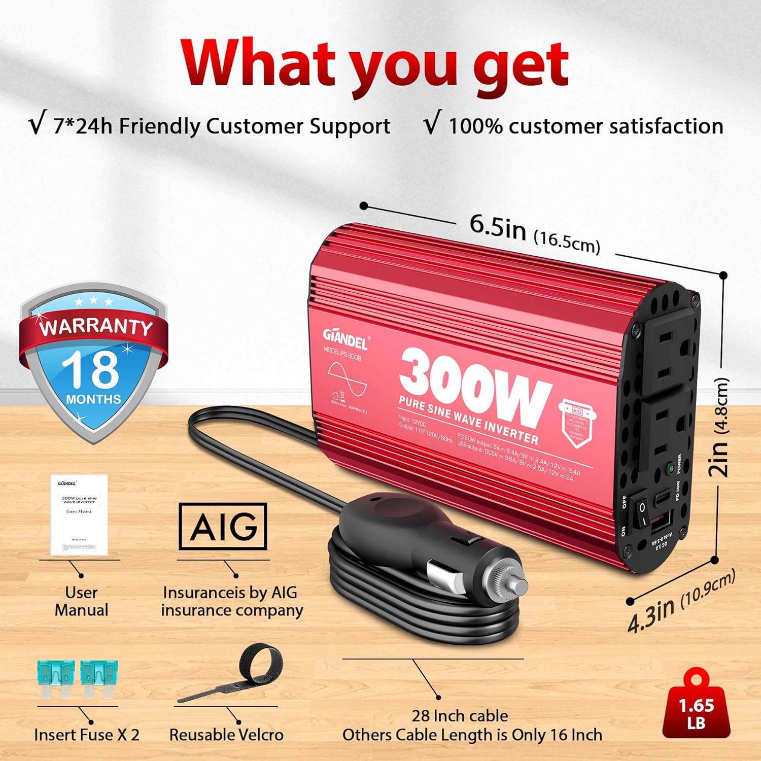 Contents of Giandel 300W Pure Sine Wave Power Inverter package