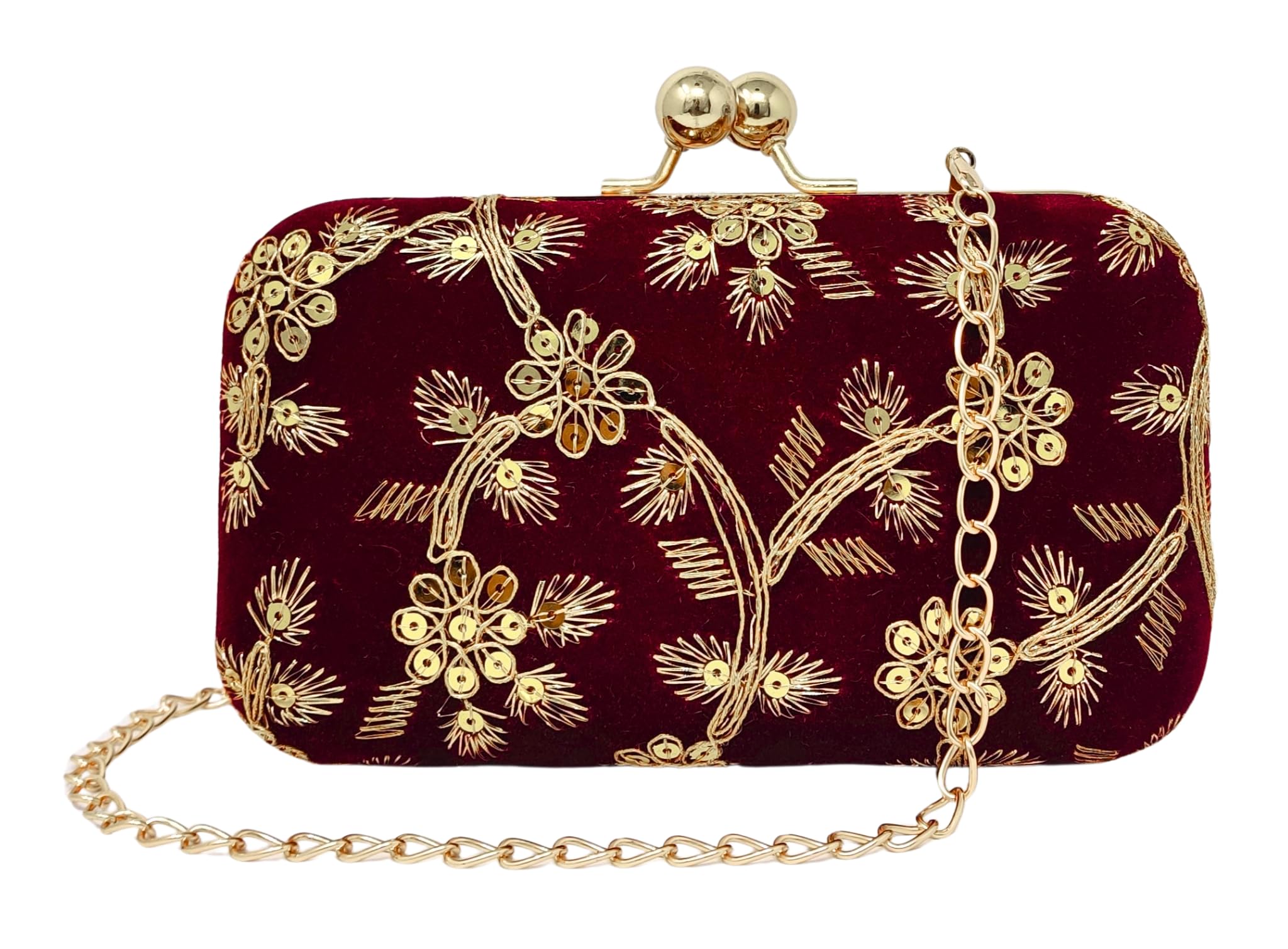 Evening Clutch Bag with Gold Floral Embroidery for Women and Girls, Detachable Chain Strap, Ladies Purse Handbag