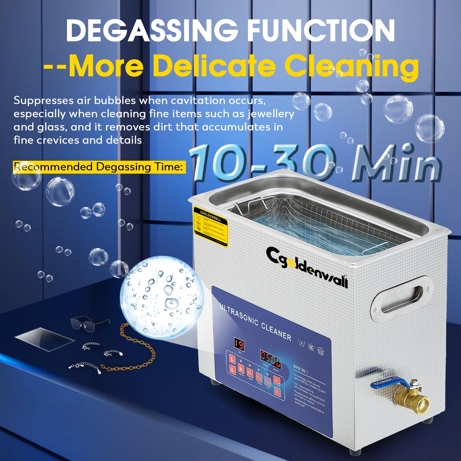 Cgoldenwall 6L Limpiador Ultrasónico Digital 28/40khz Doble Frecuencia Desgasificador 20-80℃ Calentamiento&0-30 Min Temporizador para Joyas/Rachas/Lentes/Piezas Metálicas