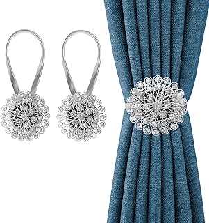 MYDAYTIN Crystal Decor Curtain Tiebacks, 2 Pack Magnetic Tieback, Crystal Flower Curtain Tiebacks with High Stretchy Wire Rope, Flower Curtain Buckle for Home, Office, Window Decoration (Silver)