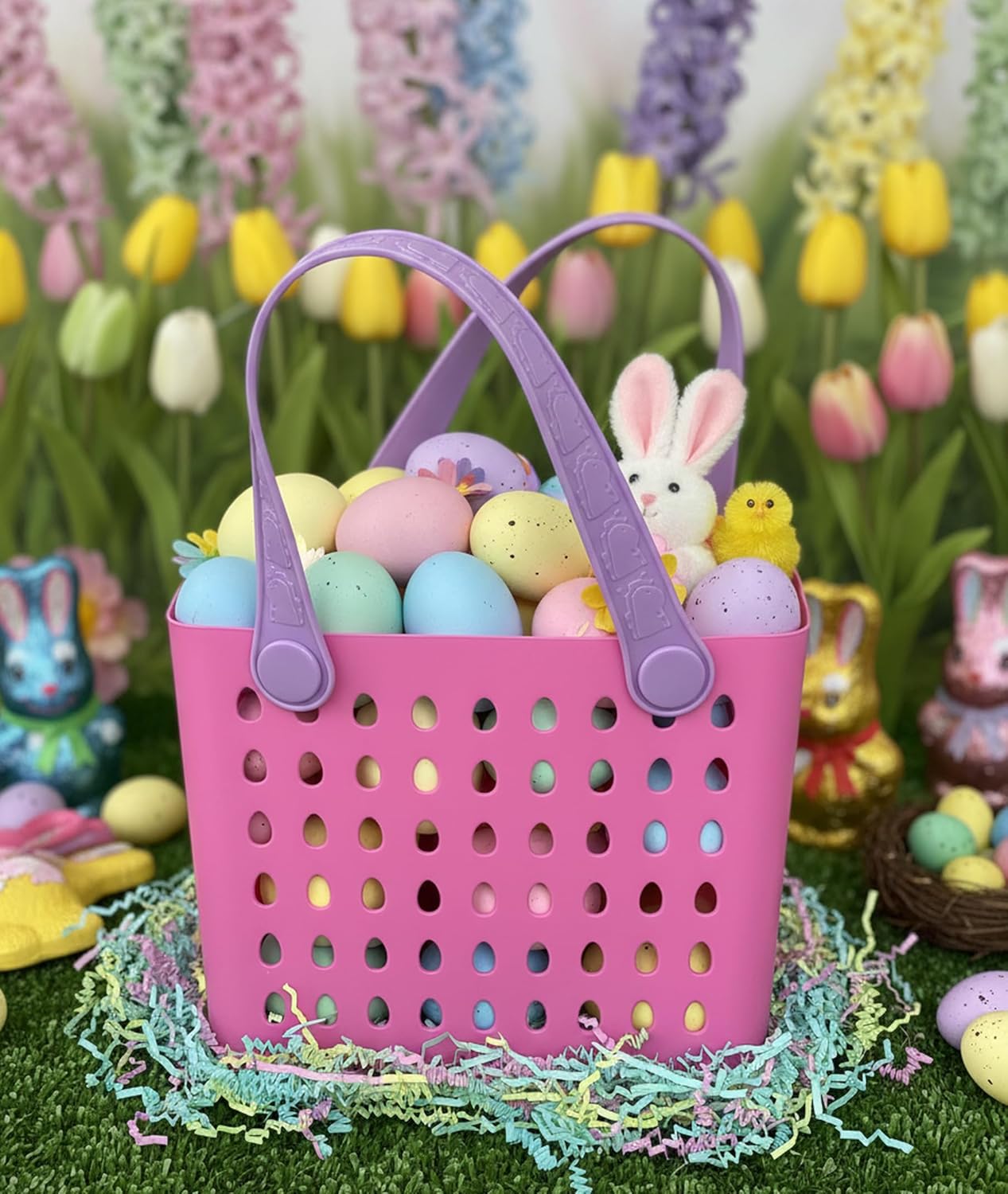 Colorful Plastic Easter Baskets with Handles – Reusable Perforated Egg Hunt Baskets for Candy Eggs – Assorted Bright Colors
