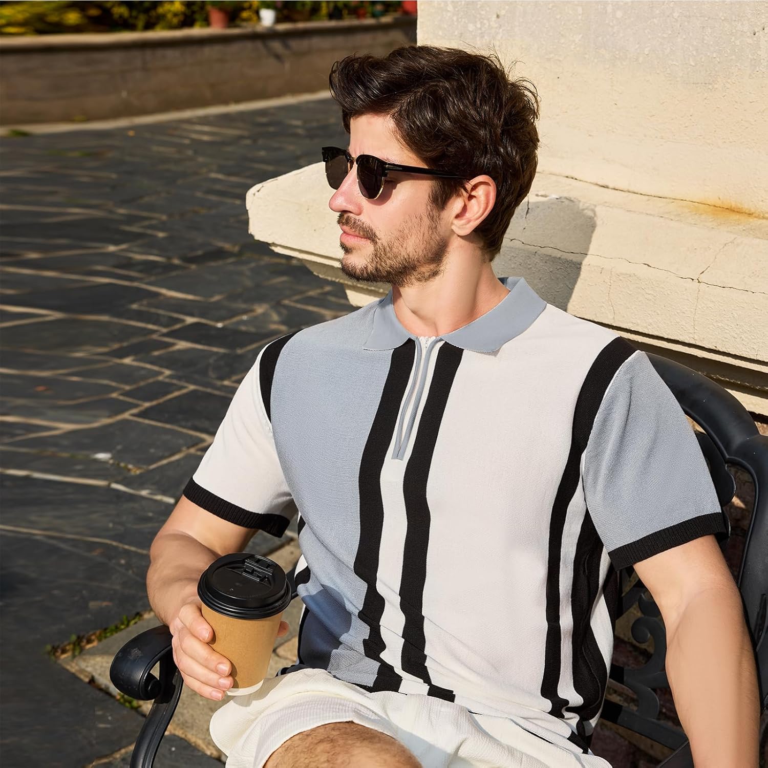 Men's Fashion Knit Polo Shirts Vintage Striped Knitting Shirts Ribbed Slim Fit Golf Shirts - Image 5