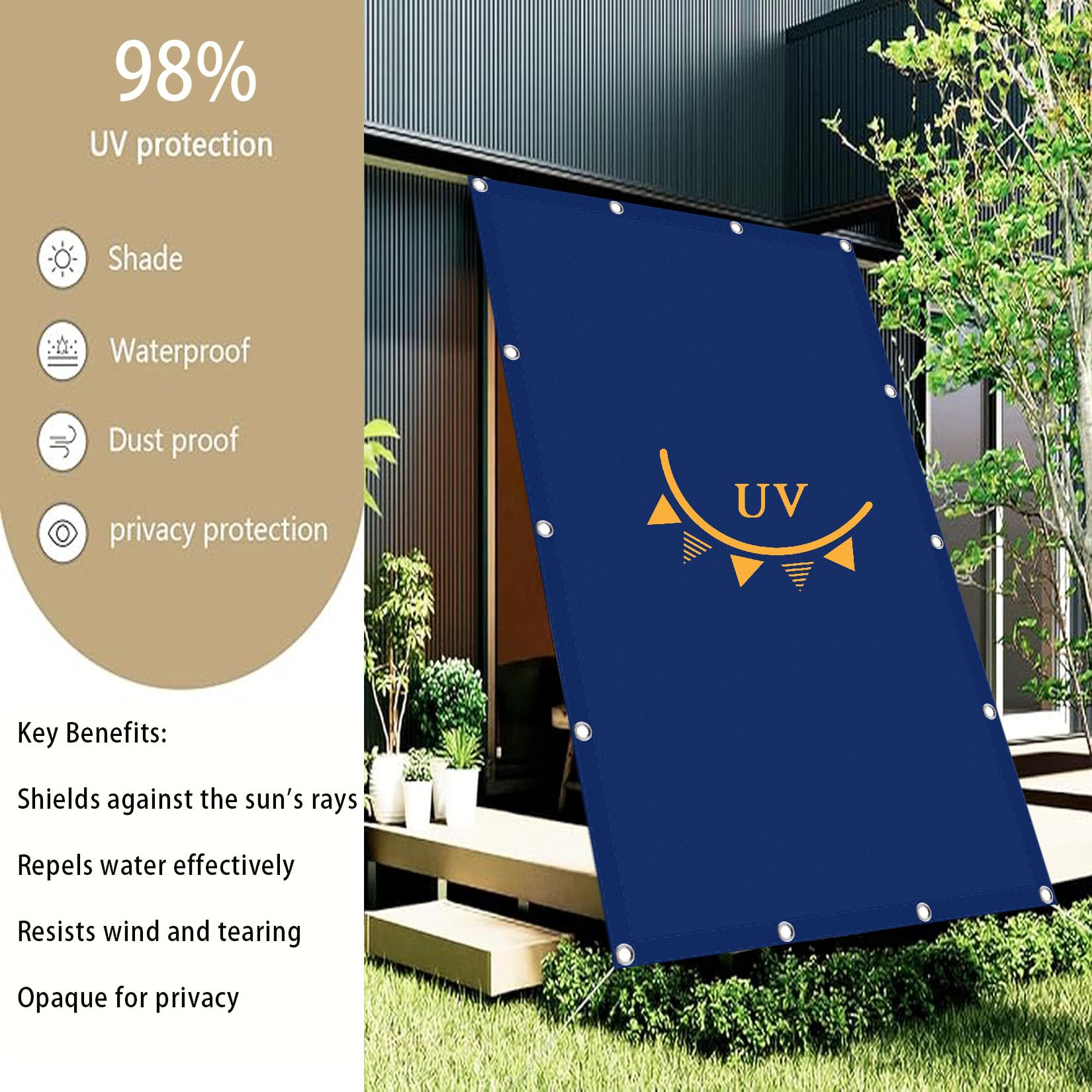 Schaduwdoek Rechthoekig 230 x 240 cm Weerbestendig, Uv-Bescherming Scheurvaste Schaduwdoek met Oogjes en Touw Voor Serre, Kippenhok, Planten, Outdoor, Patio, Yard, Marineblauw