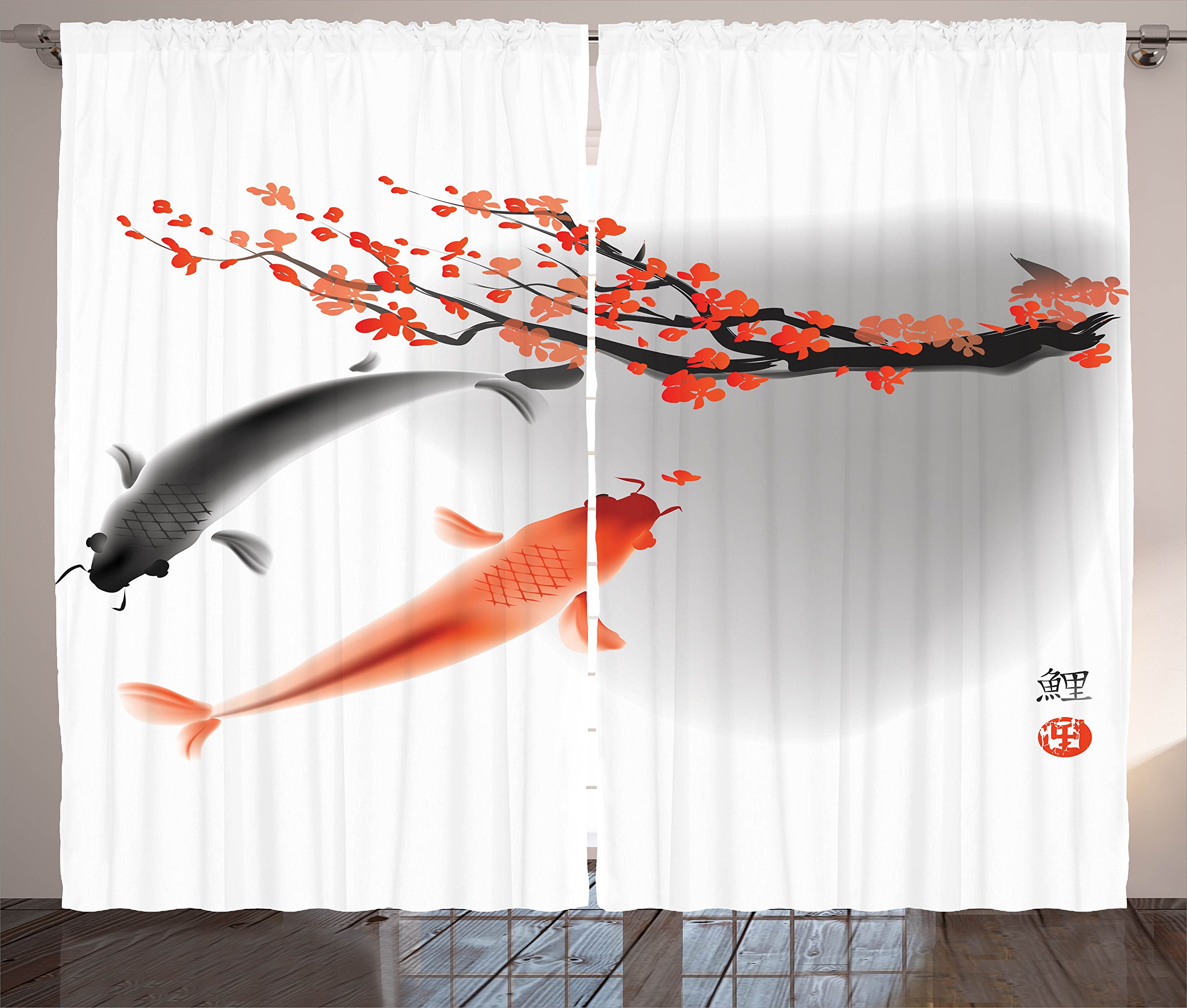 Ambesonne Japanese Curtains, Koi Carp Fish Couple Swimming Cherry Blossom Sakura Branch Culture Design, Living Room Bedroom Window Drapes 2 Panel Set, 108" X 84", Orange Grey