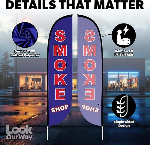 Miniatura 4 de LookOurWay Dispensario, Vape and Smoke Shop - Juego completo de bandera de plumas de 12 pies de alto, con postes y picos de tierra