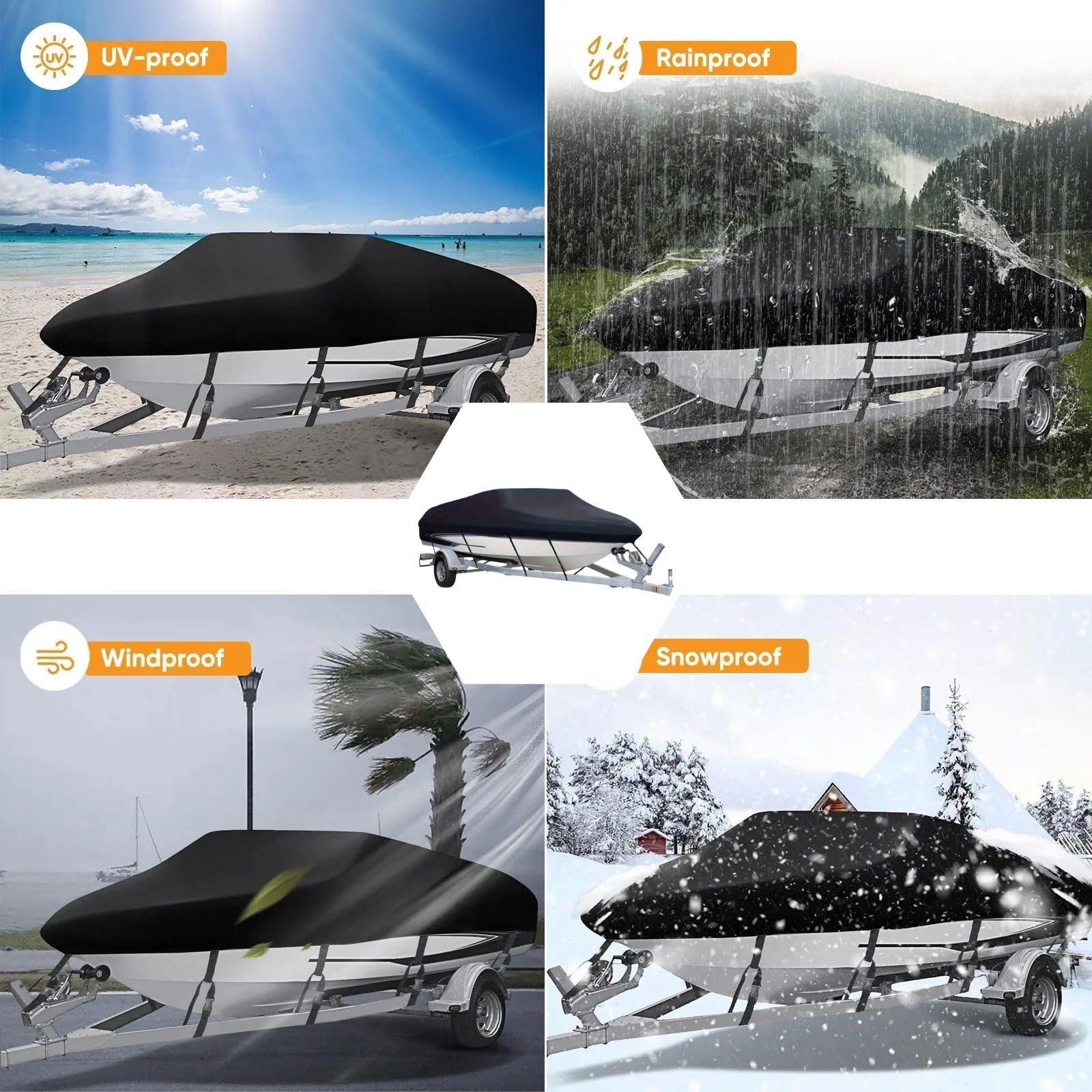 Bootspersenning mit Außenborder Abdeckung,600D Oxford Gewebe Wasserdicht Staub Schutz Bootsplane,Schwarz Bootsplane für Yacht Schnellboot Angelboot V-Rumpf (Schwarz, 17-19FT)