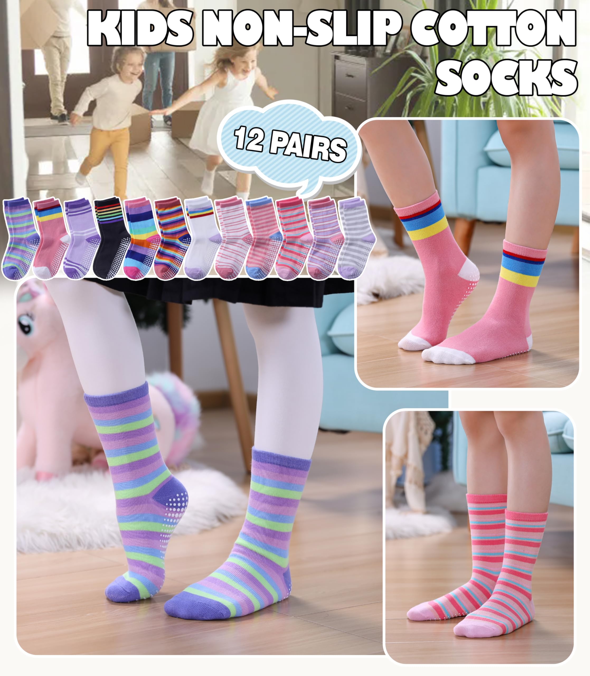 Calcetines antideslizantes para niñas pequeñas, calcetines de algodón con pinzas, 12 pares