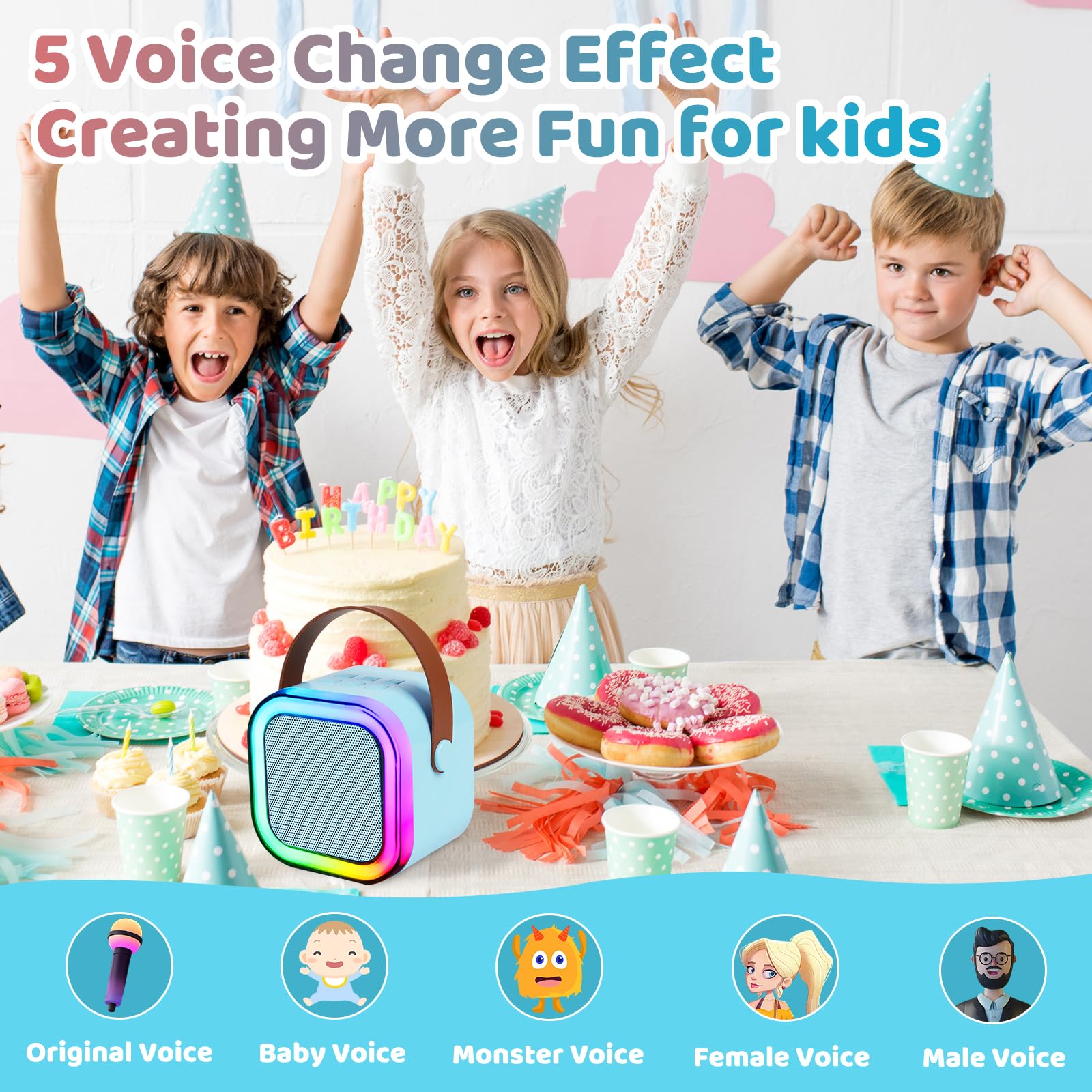 Mini máquina de karaoke para niños y adultos, altavoz portátil de karaoke Bluetooth con 2 micrófonos inalámbricos y luces juguetes para niños y niñas de 4, 5, 6, 7, 8, 9, 10 años de edad para 6