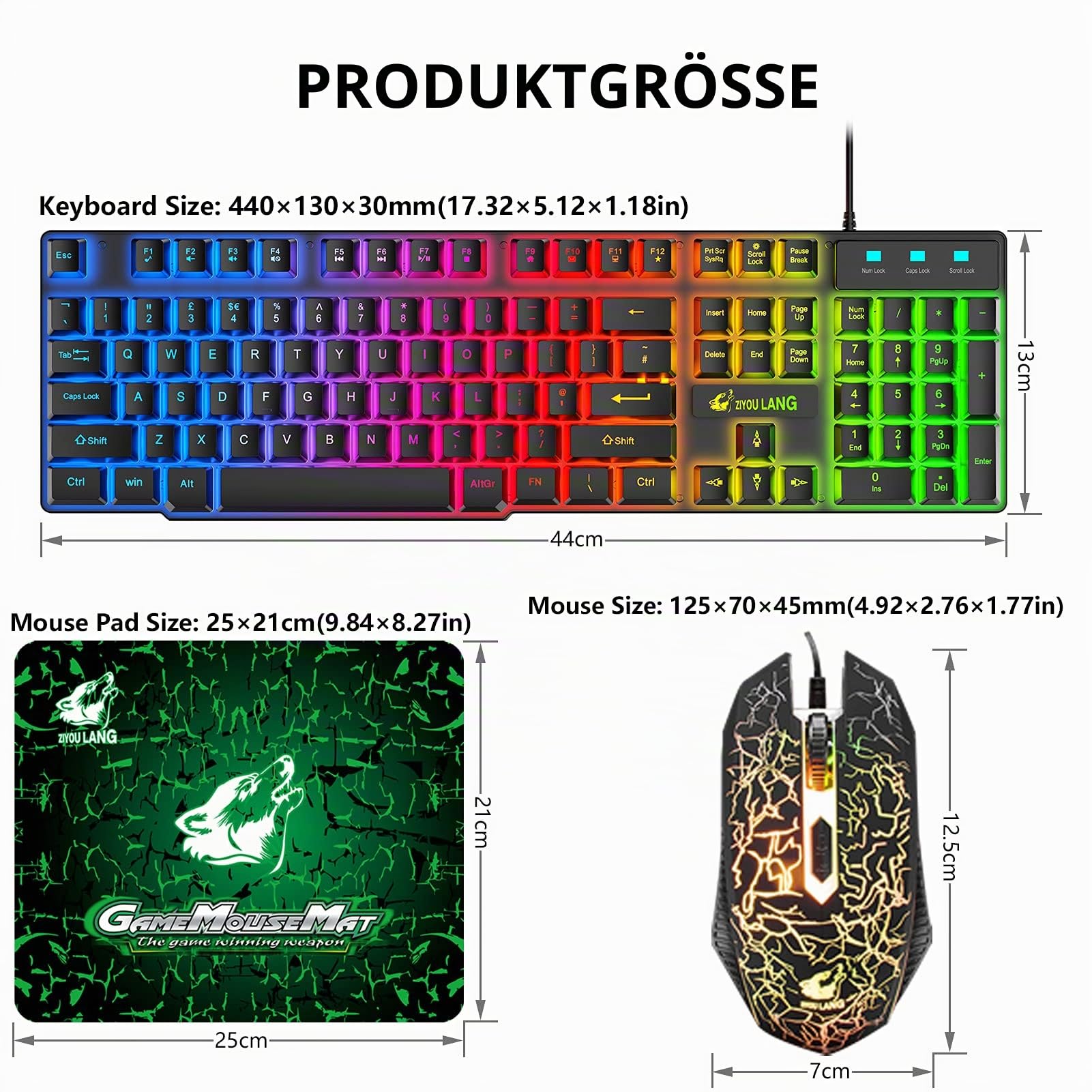 Gaming Tastatur Headset & Maus Set, 104 Tasten Rainbow Backlit UK Layout Tastatur 2400DPI Maus 7.1 Surround Sound RGB Leichte Waben Headset Mauspad Kombination für PS4 XBox(Need Adapter) Schwarz