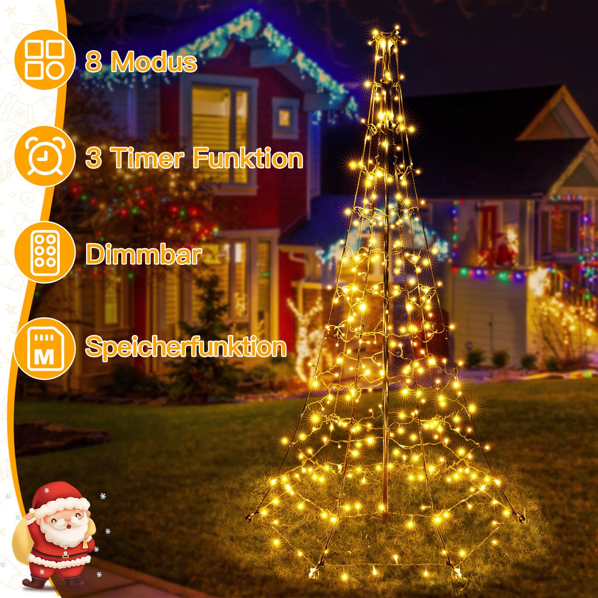 Ollny Weihnachtsbeleuchtung außen 202LEDs 180 cm Lichterkette Weihnachtsbaum, Timer dimmbar mit 8 Modi, IP44 Weihnachtsdeko mit Fernbedienung für Rasen Garten (Warmweiß)