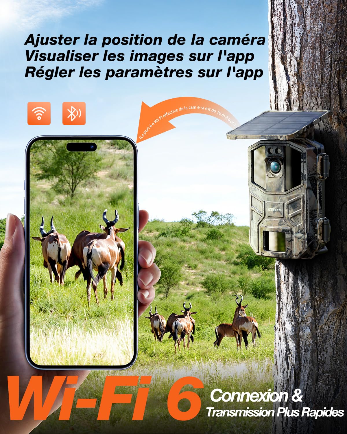 iZEEKER Solaire Caméra de Chasse 4K 64MP WiFi 6 Bluetooth avec 5200mAh Batterie Rechargeable, 0,1s Déclenchement, Camera Chasse Vision Nocturne IR Détection Mouvement, IP66 Étanche