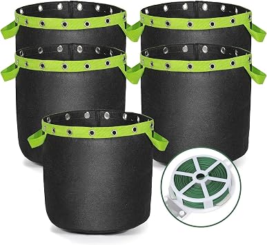 20L 5 pack LST Fabric Grow Bags   5 Pack for Low-Stress Training LST, Heavy-Duty Plant Pots with Handles + 30m Twist Tie, Reusable for Indoor Outdoor Gardening