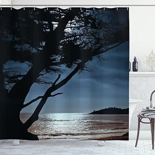 Ambesonne Nature Scenery Art Decorations Collection, Rocks Water Spring Sunset Ocean Waves Cave Waterfall Picture, Cloth Bathroom Shower Curse,