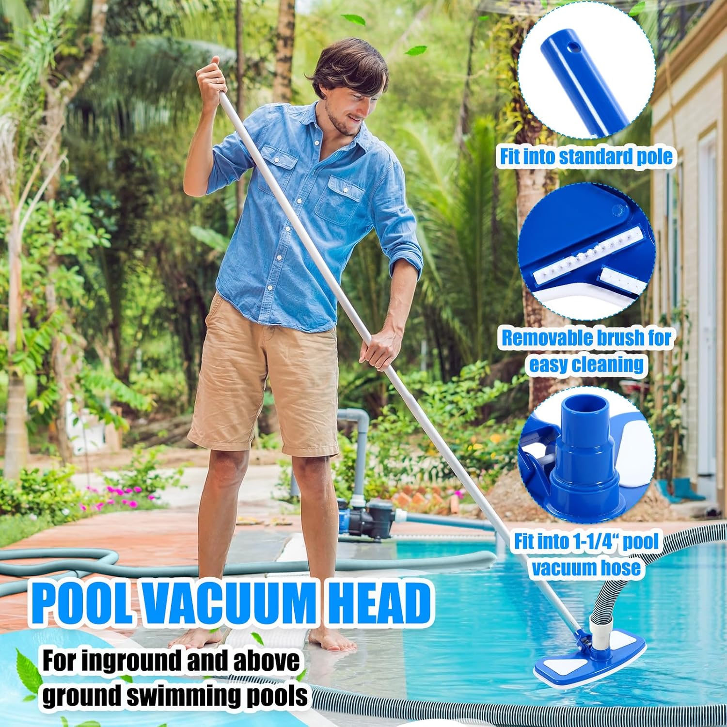 Pool Vacuum Kit Swimming Pool Vacuum Head with 1-1/2" x 30 ft Hoses Flexible Head with Wheels and 14 '' Cleaning Brush for Inground Swimming Supplies (Classic)