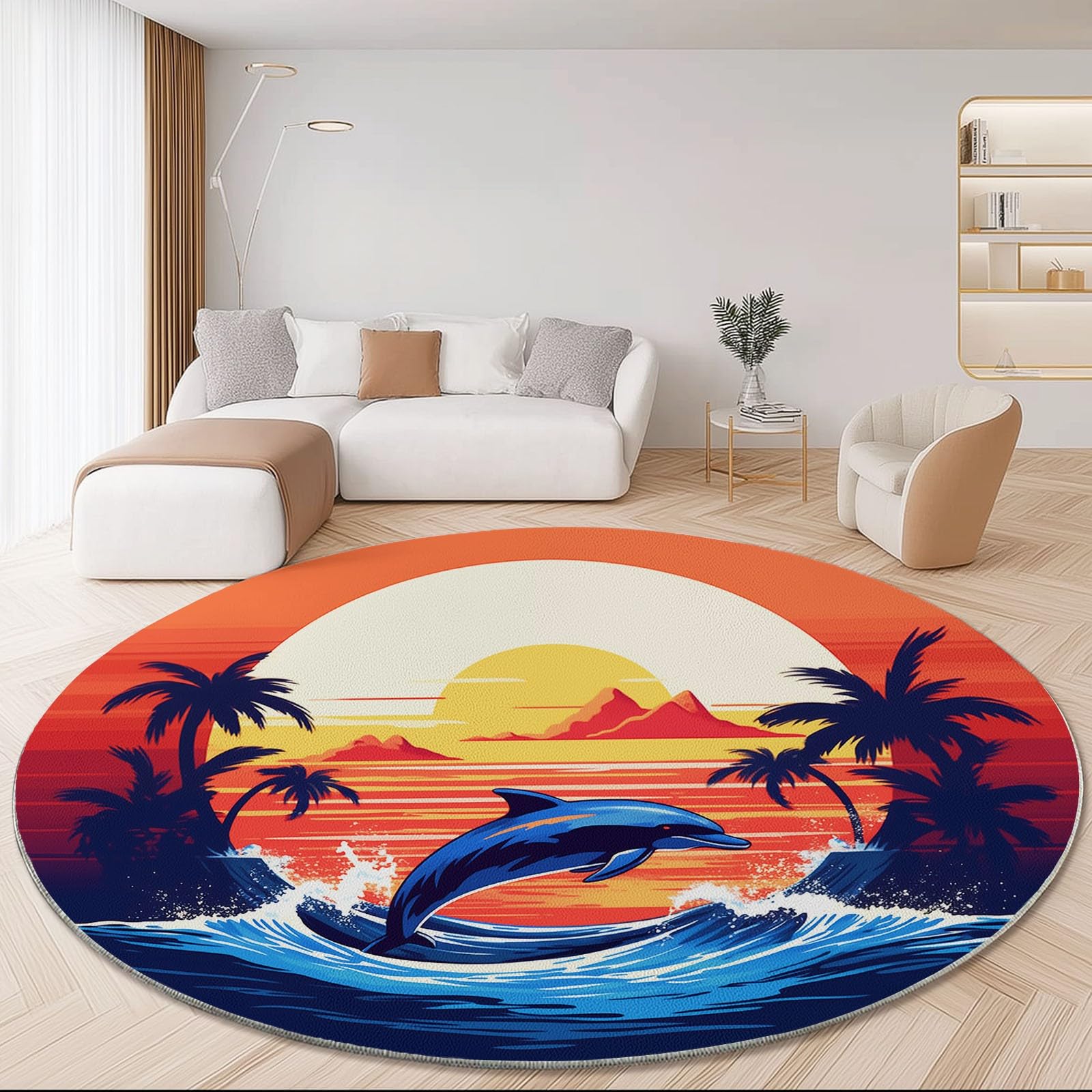 Tappeto Rotondo da 120 cm a Pelo Corto, con Motivo di Delfini e Tramonto, Antiscivolo e Senza Perdita di Pelo. Adatto per Soggiorno, Camera da Letto, cameretta dei Bambini, Ufficio
