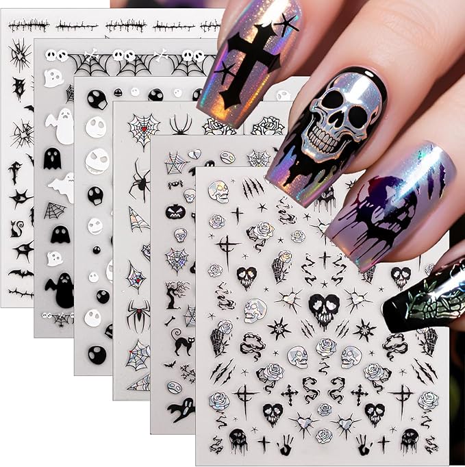 6 Sheets Halloween Nail Stickers – Black & White Holographic Gothic Ghost Skull Spider Web Nail Art Decals, Self-Adhesive Halloween Cute Manicure Decorations for Women Girls DIY Nail Art