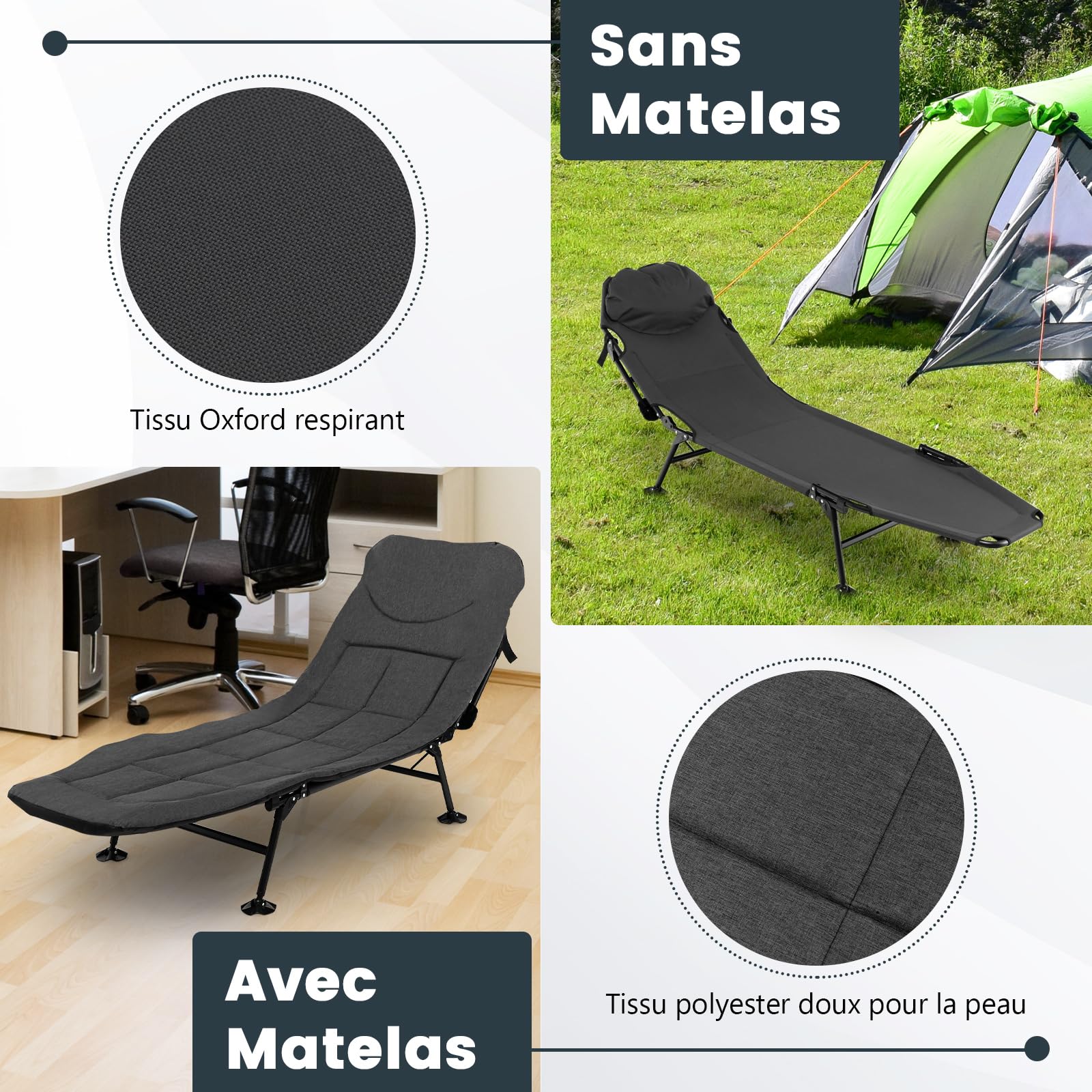 GYMAX Lit de Camping Pliable avec Oreiller Amovible, Dossier Réglable en 5 Positions, Matelas Confortable, Chaise Longue Portable pour Pique-Nique, Randonnée, Plage, Charge 200 KG