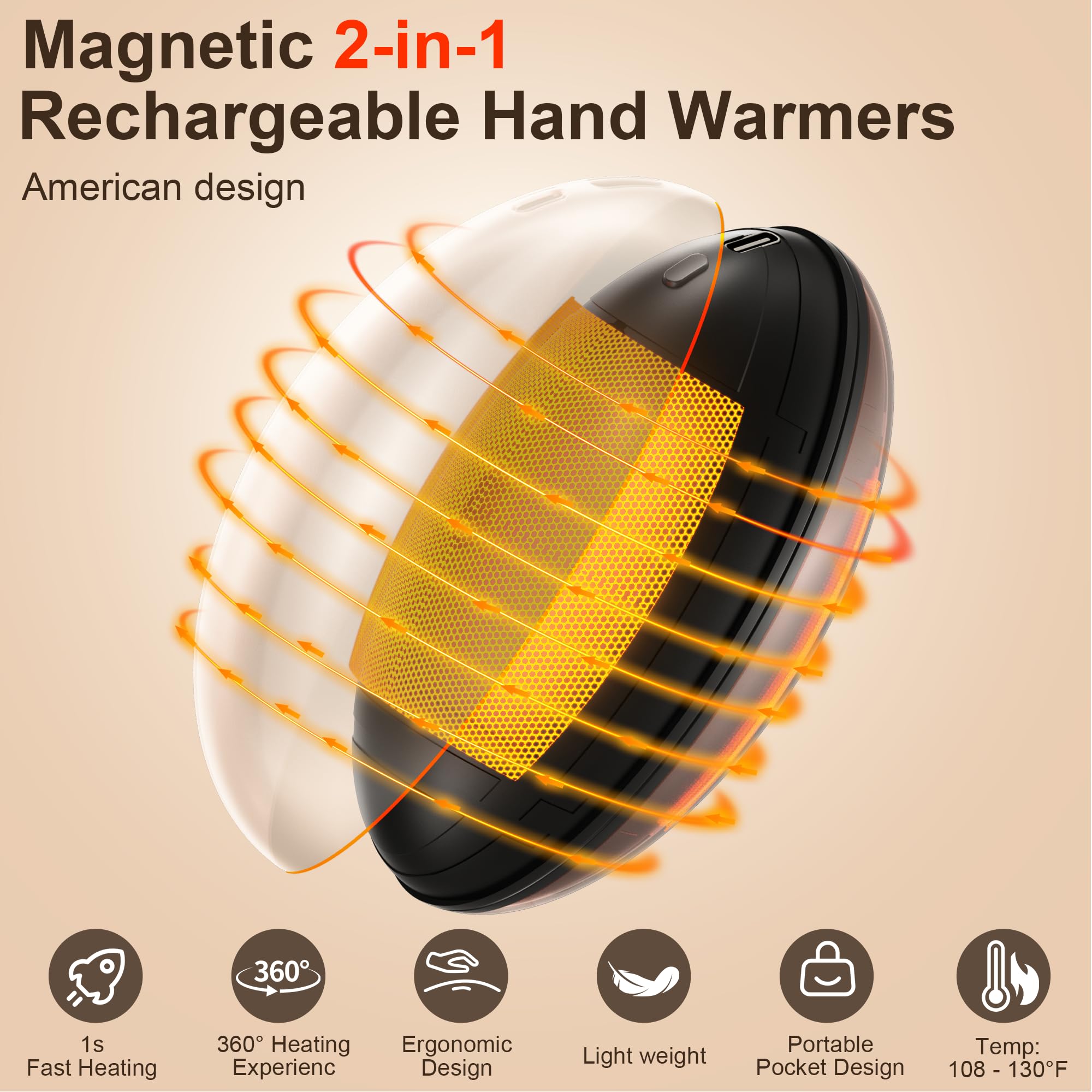 Scaldamani magnetici 2 in 1 ricaricabili, riscaldamento fino a 20 ore, scaldamani tascabili a forma di uovo con chip AI, riscaldamento rapido 1s, temperatura a LED e visualizzazione della batteria