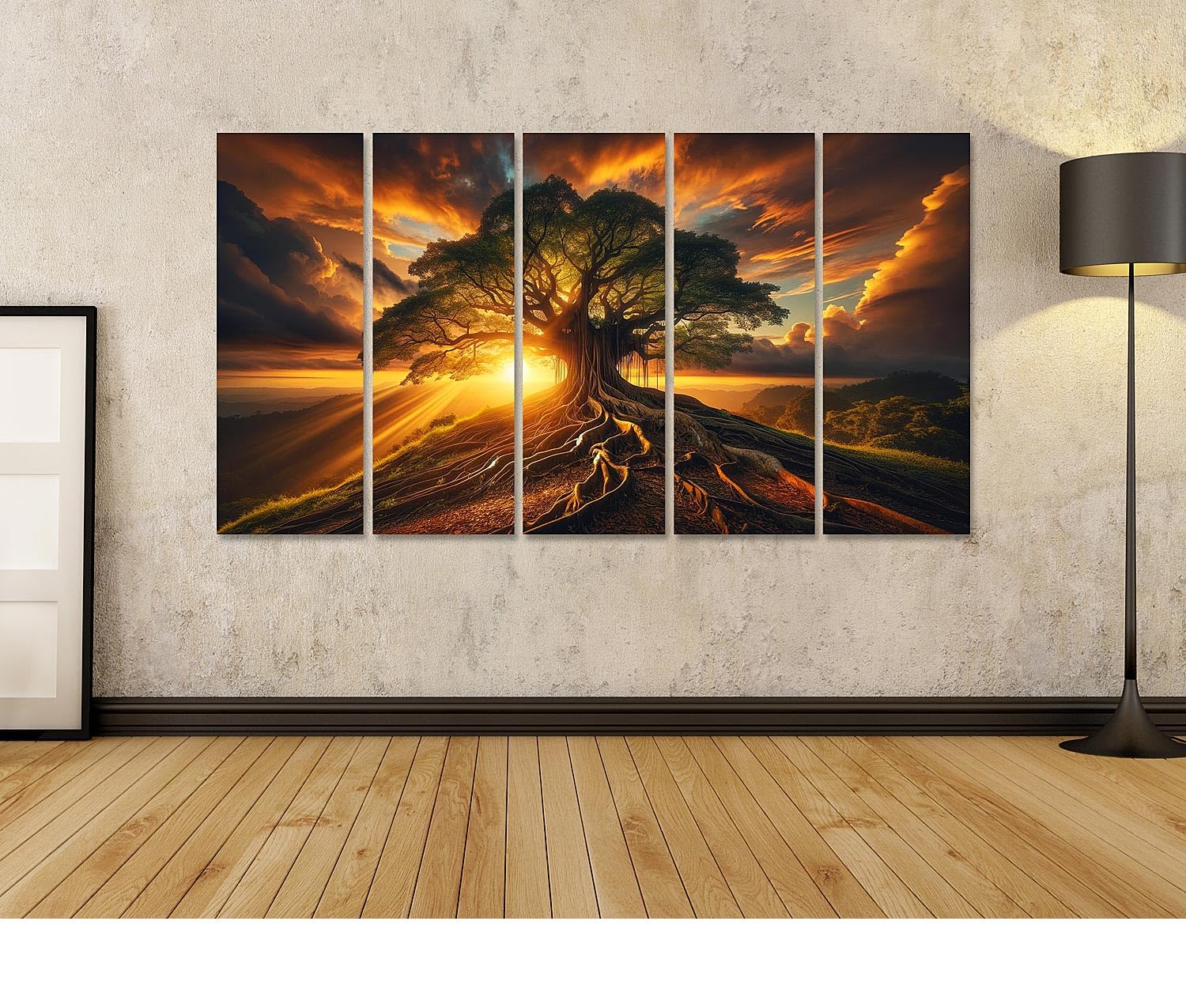 islandburner Primer cuadro sobre lienzo majestuoso árbol en colina puesta de sol extensas raíces imágenes murales carteles